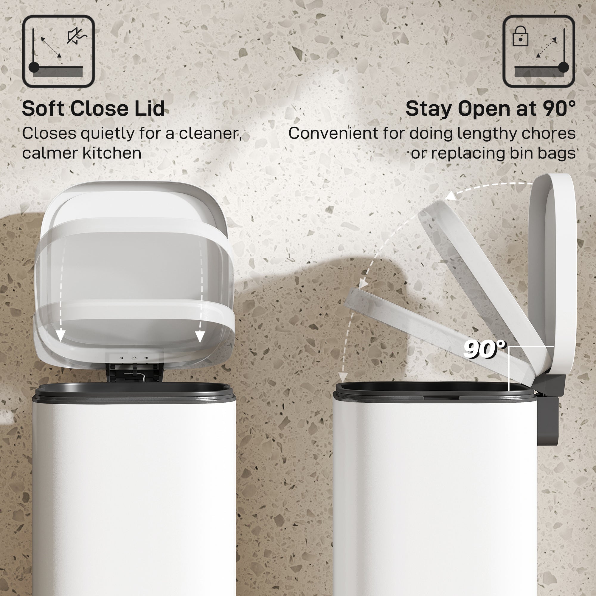 HOMCOM 30L Kitchen Bin, Compact Pedal Bin with Soft-Close and Stay-Open Lid, Removable Bucket for Kitchen, Home, Office, Cream