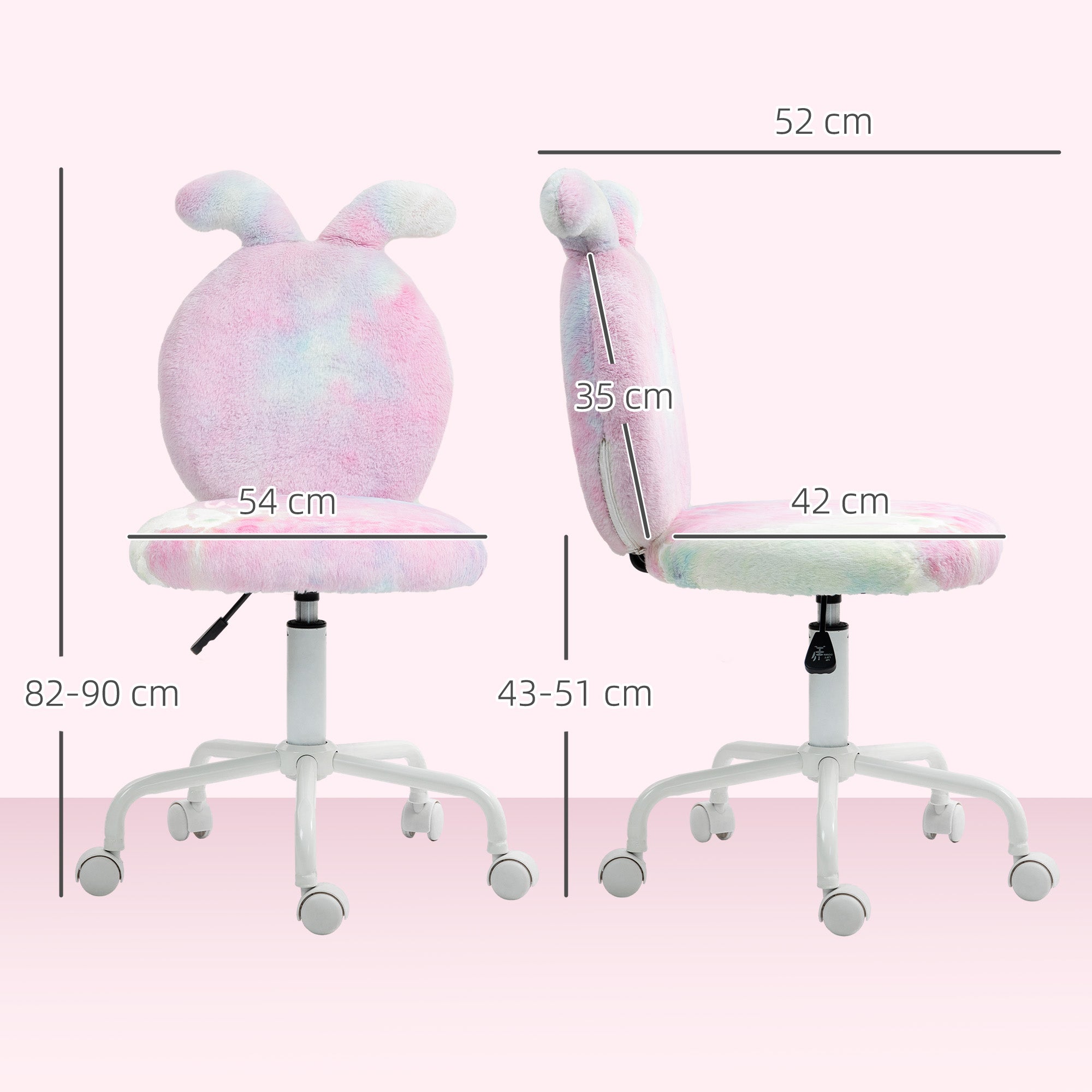 HOMCOM Fuzzy Office Chair with Bunny Ears, Faux Fur Swivel Desk Chair, Armless Makeup Vanity Chair with Adjustable Height for Bedroom, Study Room, Colourful - North Peak Garden Furniture