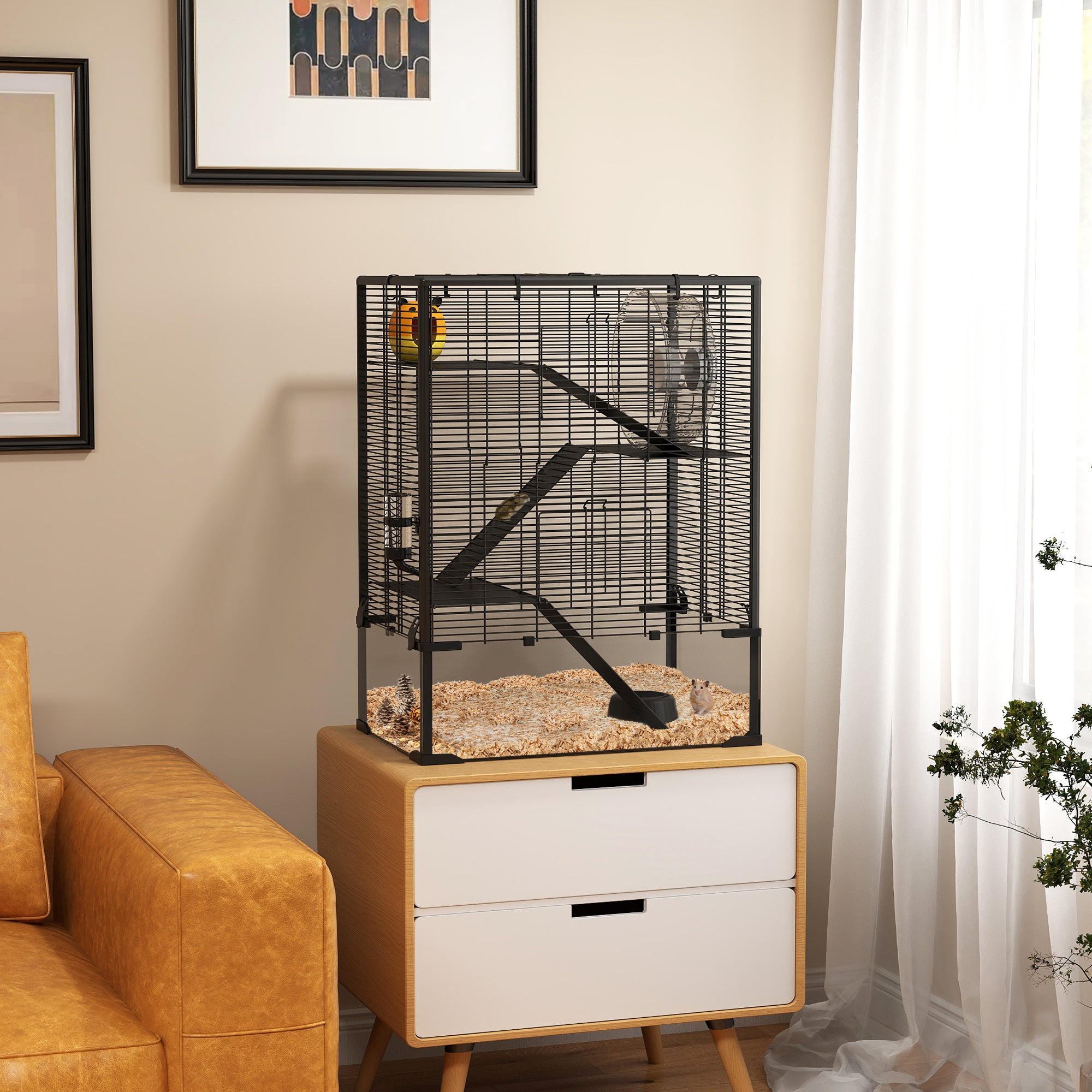 PawHut 4 Tiers Hamster Cage with Deep Tempered Glass Bottom, Hut, Running Wheel, Food Dish, Water Bottle, 60 x 40 x 80cm - North Peak Garden Furniture