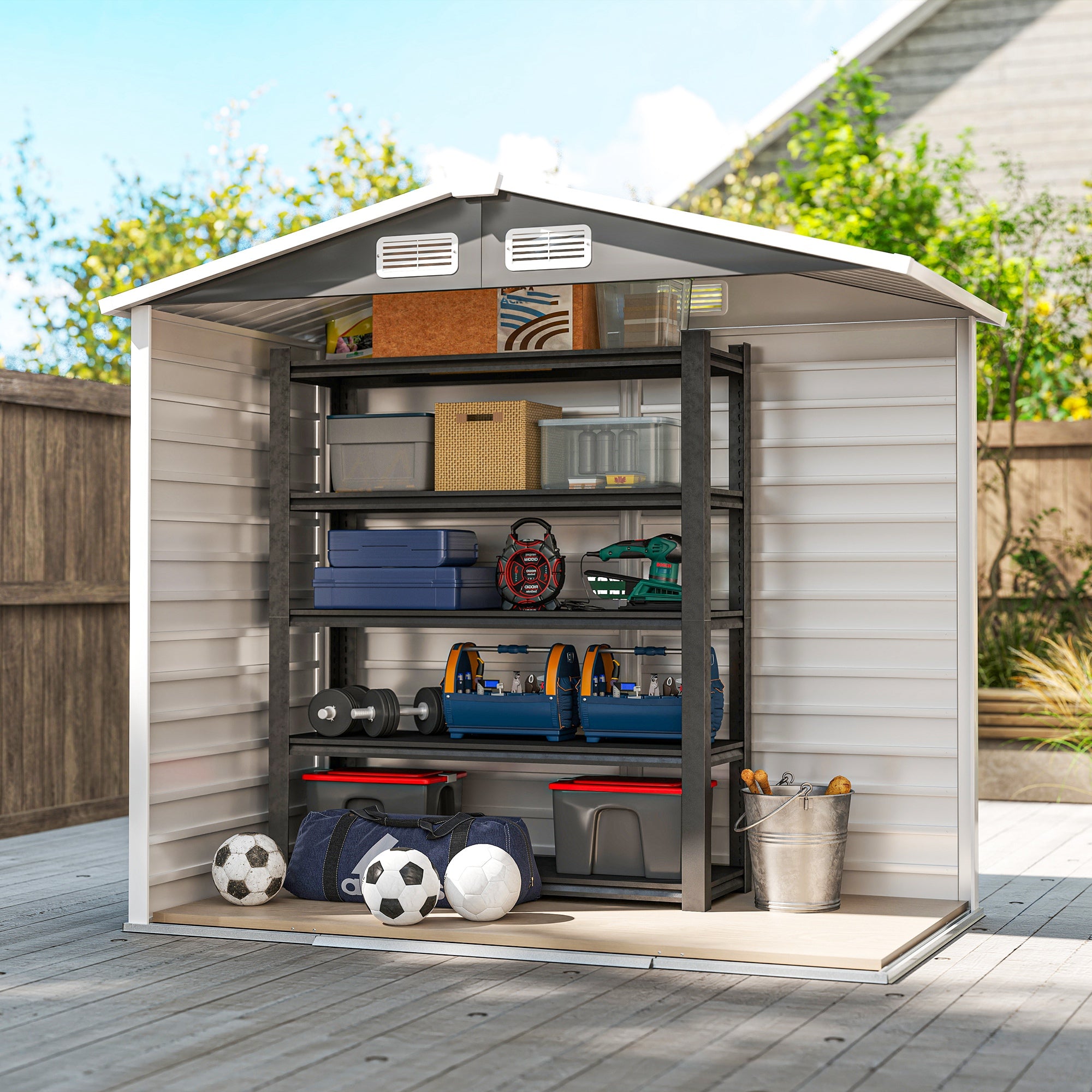 Outsunny 7 x 4ft Garden Shed, Easy to Assemble, Upgraded Galvanised Steel Frame with Foundation Kit, Double Doors with Lock, Outdoor Metal Shed with Vents and Gloves, Garden Storage Shed, Dark Grey - North Peak Garden Furniture