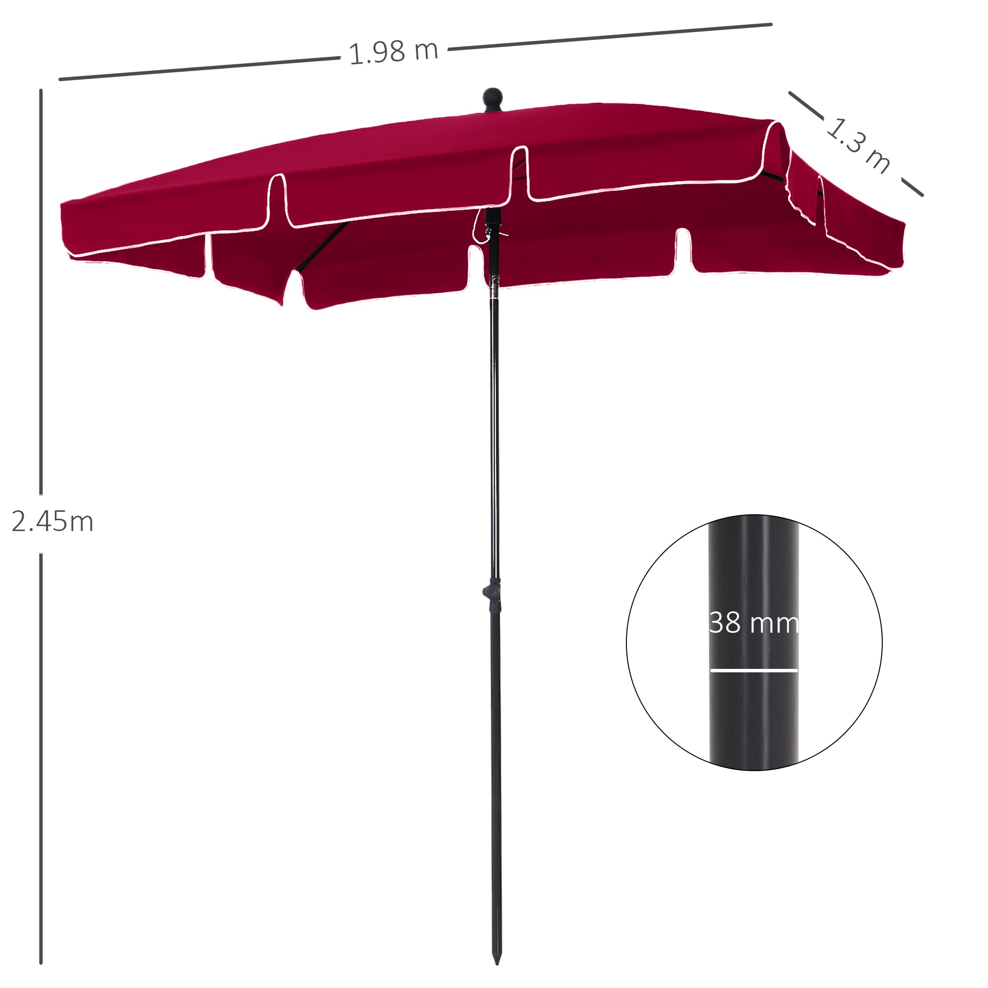 Outsunny Garden Parasol Umbrella, Outdoor Market Table Umbrella with Ruffles & Aluminium Pole, Rectangular Tilting Parasol Sun Shade Canopy, 2 x 1.3m, Red - North Peak Garden Furniture