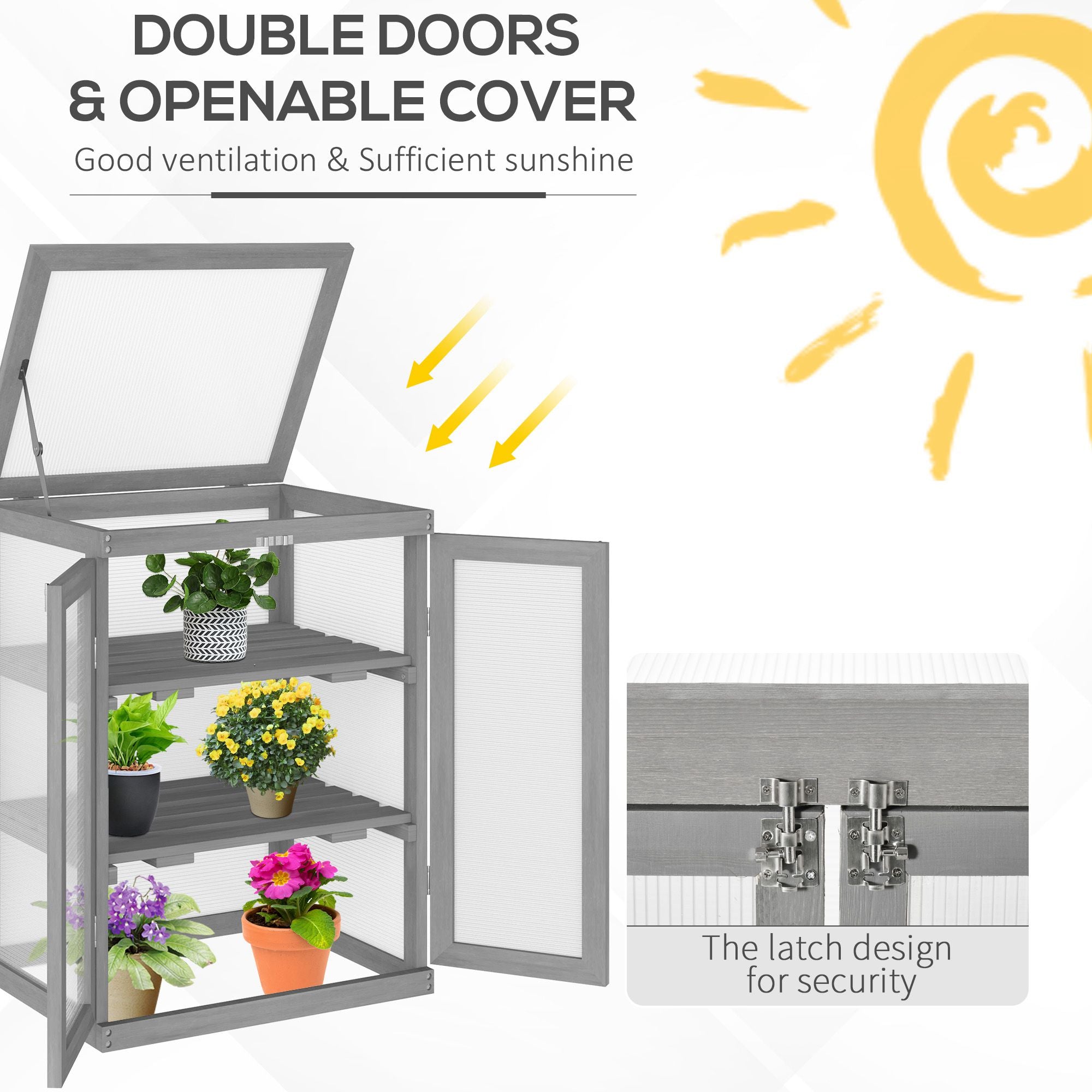 Outsunny 3-tier Wood Greenhouse Garden Polycarbonate Cold Frame Balcony Grow House w/ Storage Shelf for Plants, Flowers, Dark Grey - North Peak Garden Furniture
