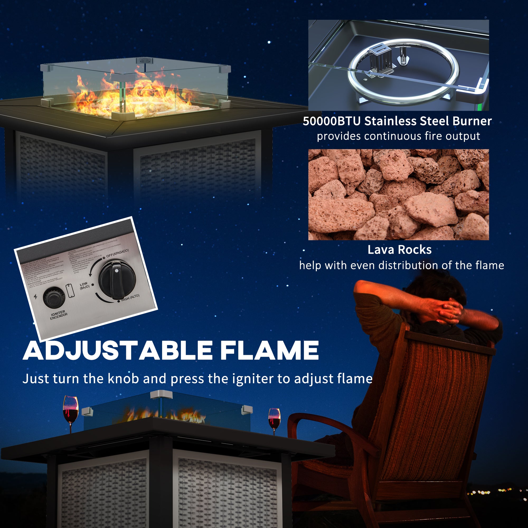 Outsunny 81 x 81cm 50,000 BTU Gas Fire Pit Table - Grey - North Peak Garden Furniture