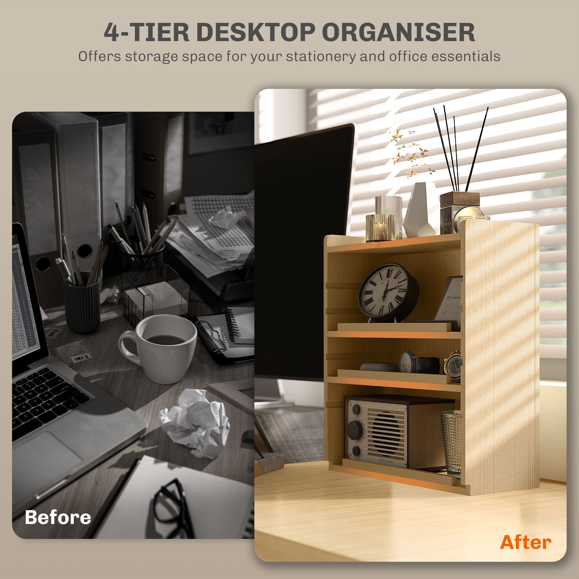 HOMCOM Four-Tier Desktop Organiser - Oak Tone - North Peak Garden Furniture