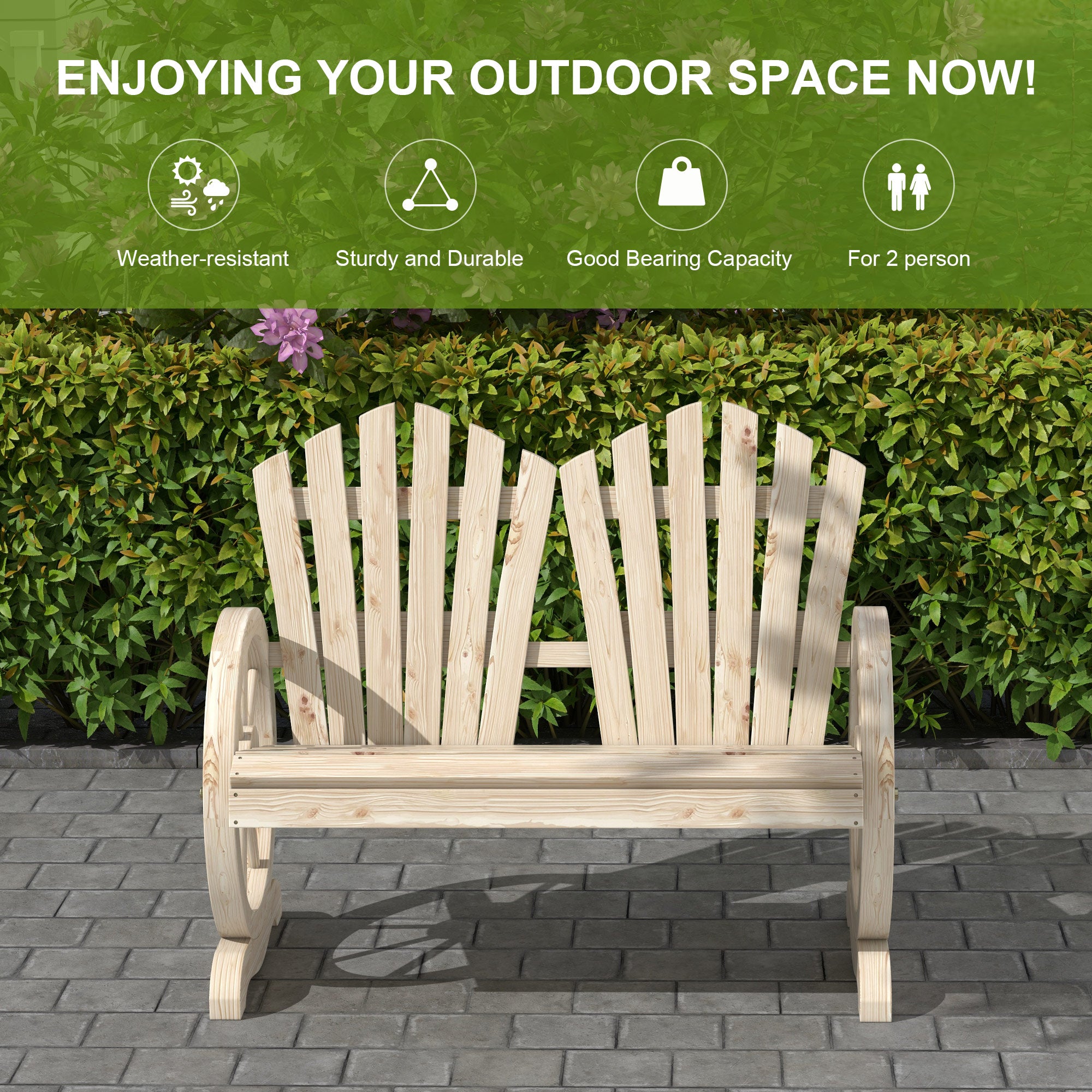 Outsunny Fir Wood Love Seats with Wheel-Shaped Armrests, Large Load-Bearing Chair, Natural Wood Finish