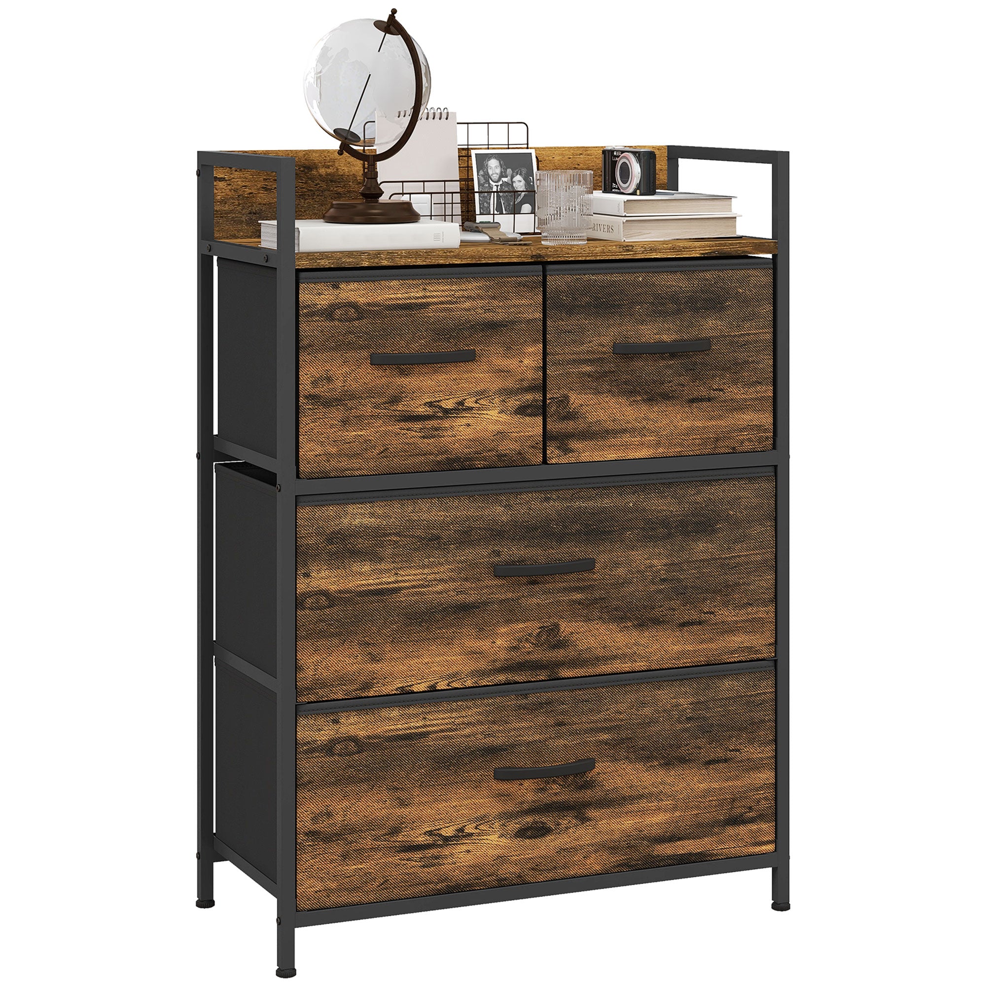 HOMCOM Rustic Chest of Four Fabric Drawers - Rustic Brown - North Peak Garden Furniture