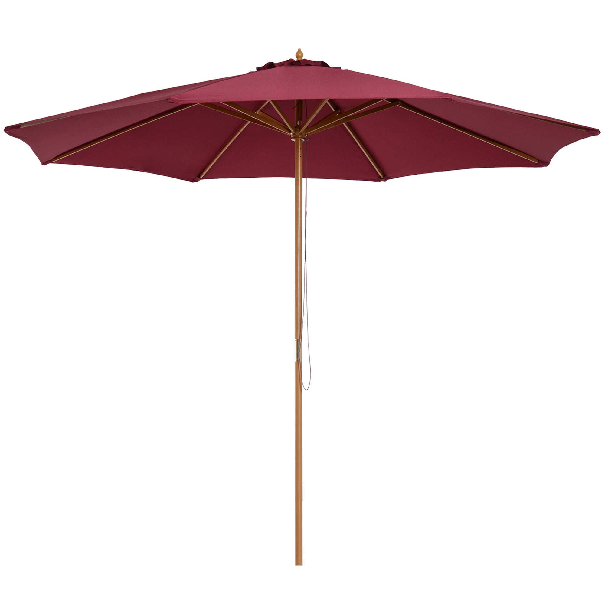 Outsunny 3(m) Garden Parasol, Pulley Operated Patio Umbrella, Wooden Table Market Umbrella with Rope Pulley Mechanism and 8 Ribs, Wine Red