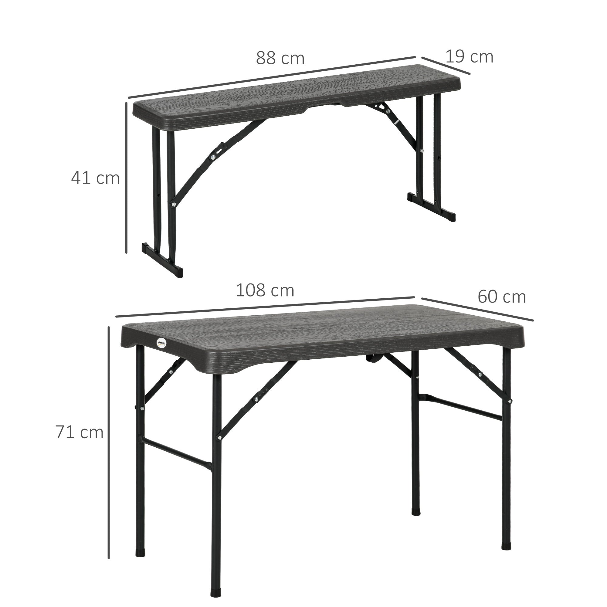 Outsunny Folding Picnic Table with 2 Benches, 3-Piece Portable Garden Furniture Set for 4, Dining Table Set with Plastic Top, Steel Frame, Dark Grey - North Peak Garden Furniture