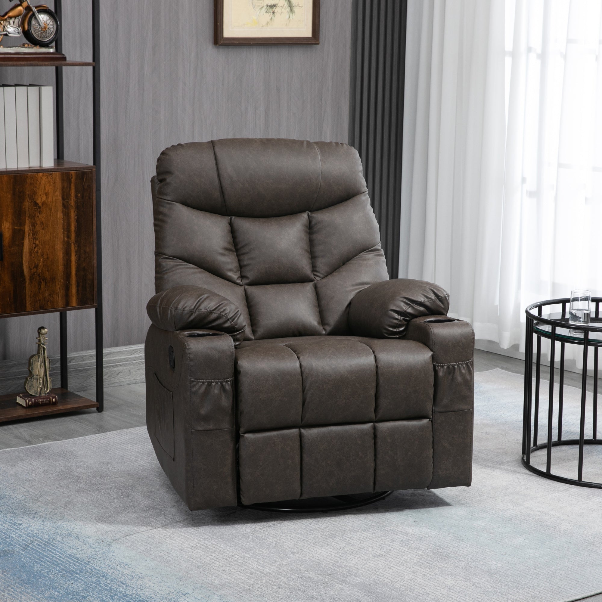 HOMCOM Manual Reclining Chair, Recliner Armchair with Faux Leather, Footrest, Cup Holders, 86x93x102cm, Brown - North Peak Garden Furniture