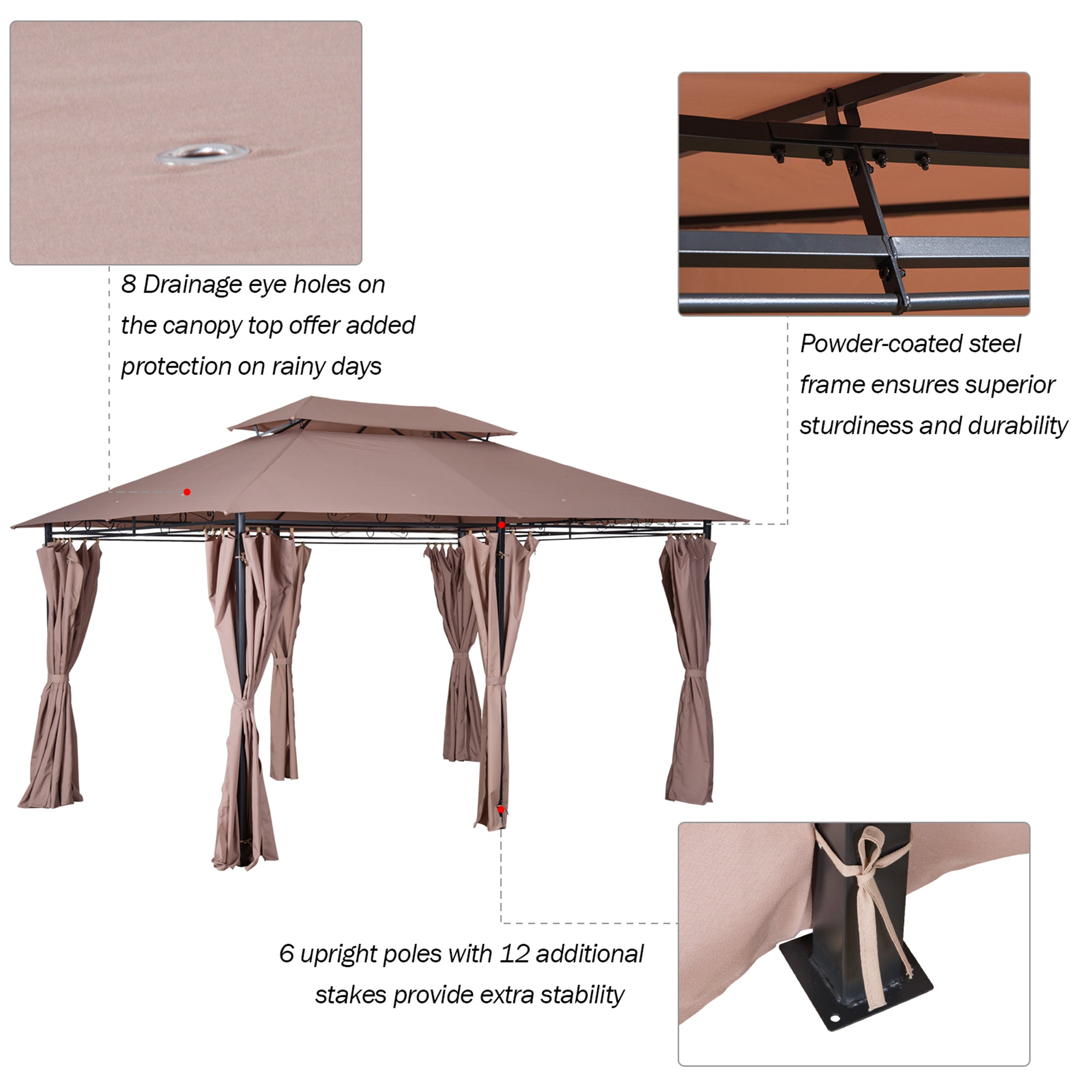Outsunny 4m x 3(m)Garden Gazebo, Double Roof Outdoor Gazebo Canopy Shelter with Curtains, Solid Steel Frame for Lawn and Deck, Brown - North Peak Garden Furniture