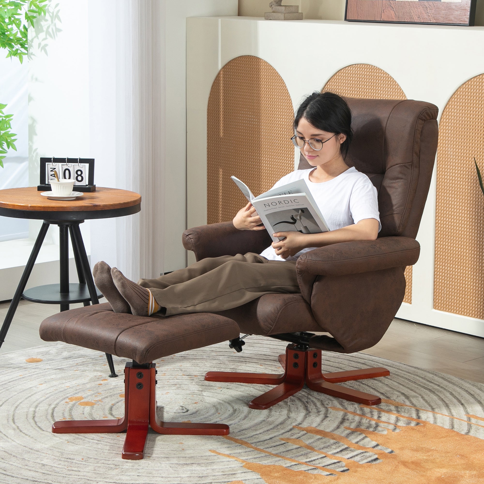 HOMCOM Faux Microfibre Leather Manual Recliner and Footstool Set - Dark Brown - North Peak Garden Furniture