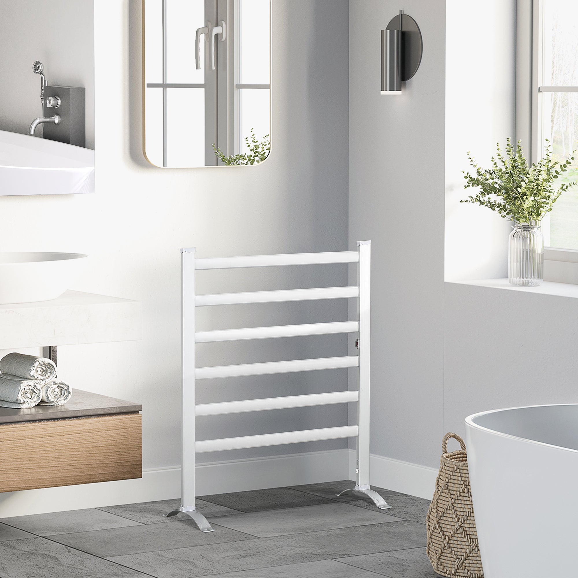 HOMCOM Electric Towel Warmer, 6 Bar Aluminum Heated Towel Rail, Wall Mounted & Free Standing Towel Drying Rack for Bathroom, Plug-in, Silver - North Peak Garden Furniture