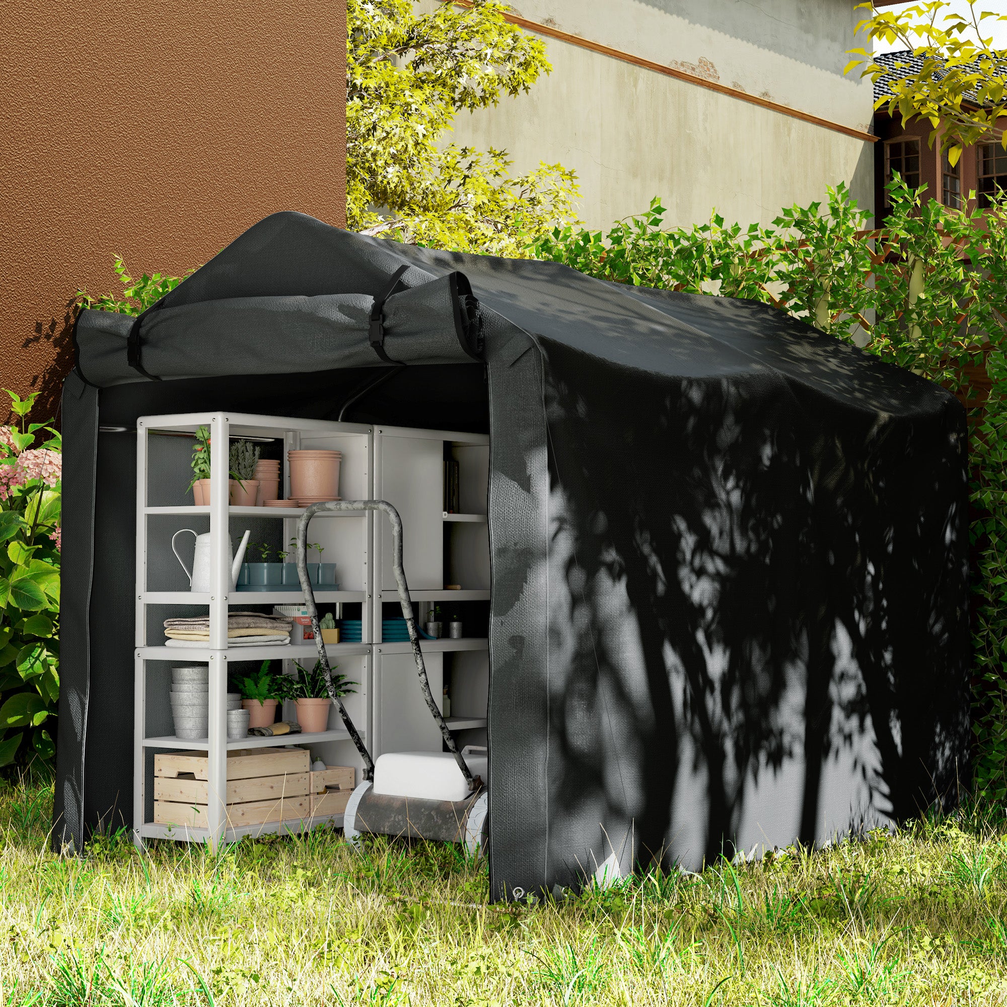 Outsunny 2.2 x 1.6 m Garden Storage Tent, Waterproof Anti-UV Bike Tent with Roll-up Zipper Door, Galvanised Outdoor Storage Shelter Carport for Bike, Motorbike, Garden Tools, Black - North Peak Garden Furniture