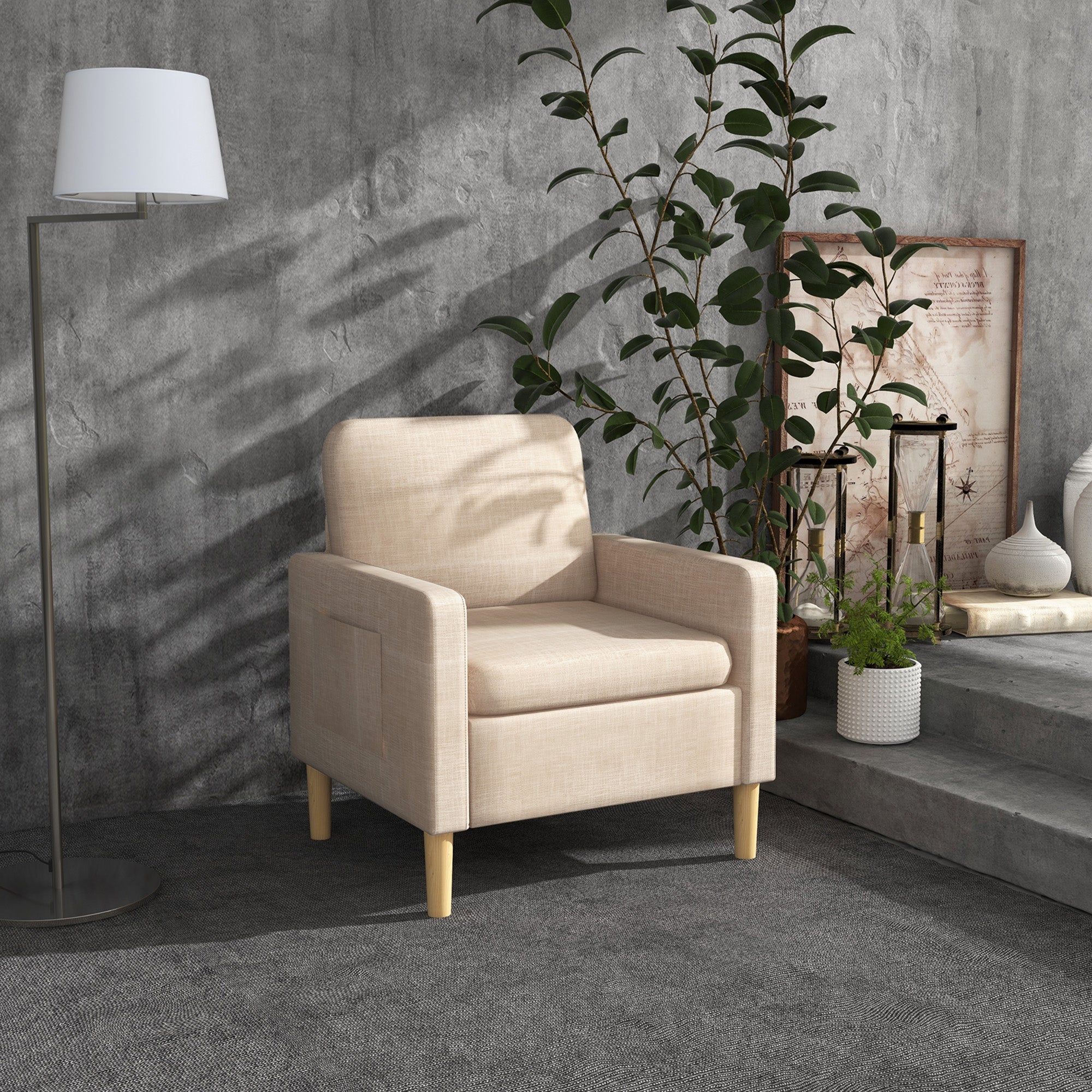 HOMCOM Modern Accent Chair, Comfy Fireside Chair, Upholstered Armchair for Living Room, Bedroom, Home Office, Beige - North Peak Garden Furniture