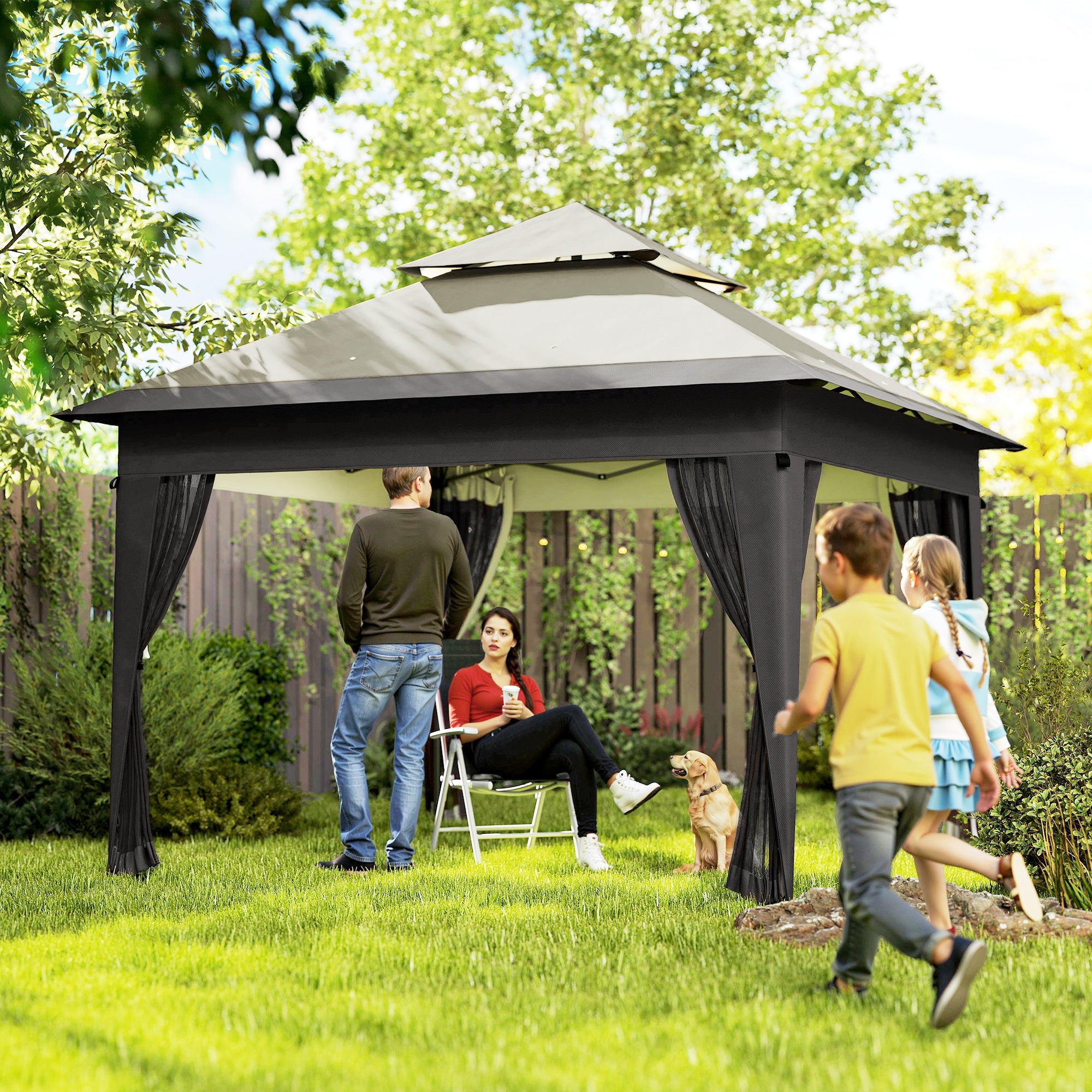 Outsunny 3 x 3(m) Pop Up Gazebo with Mosquito Netting, 1 Person Easy up Marquee Party Tent with 1-Button Push, Double Roof, Carry Bag, Sandbags, Height Adjustable Instant Shelter, Grey - North Peak Garden Furniture