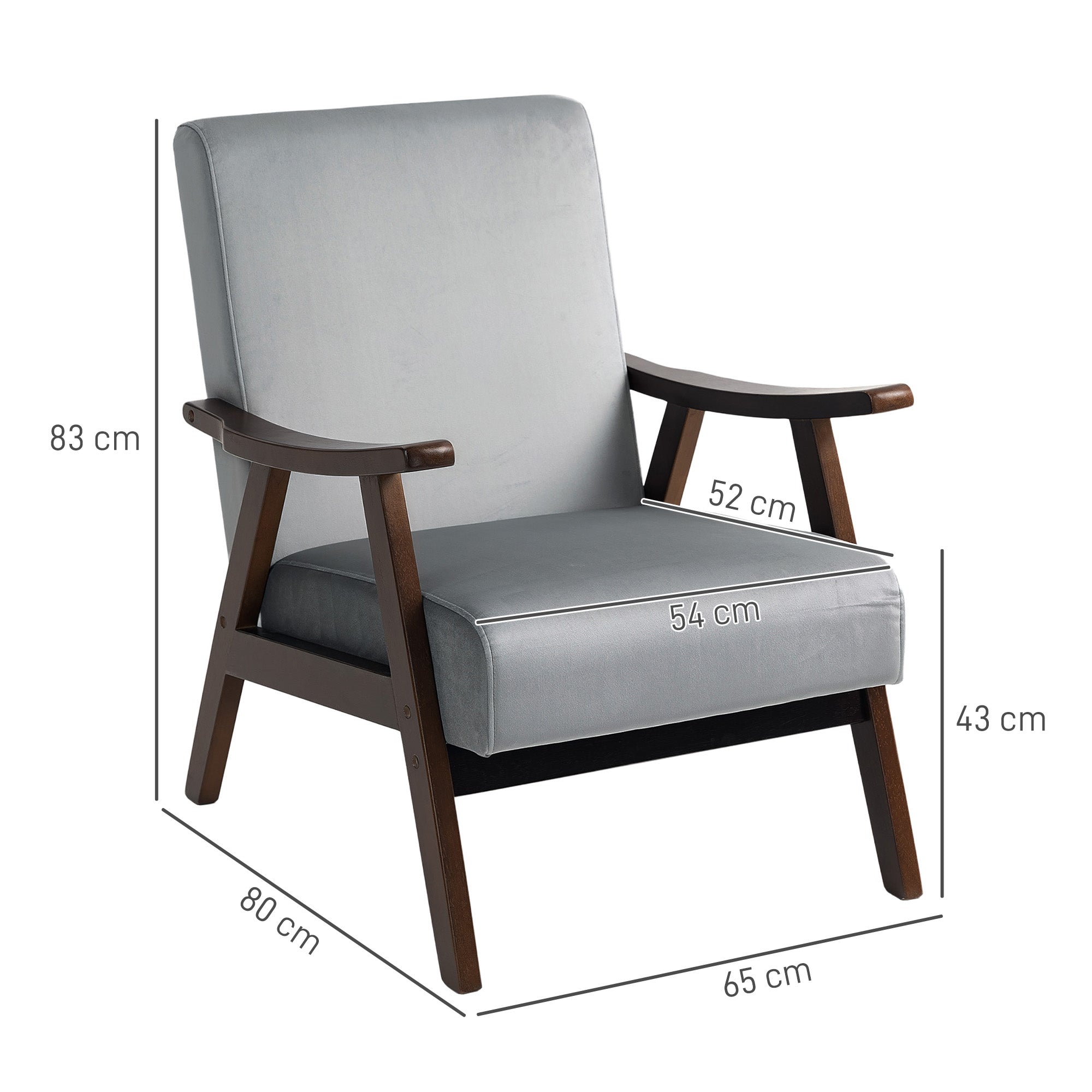 HOMCOM Nordic Accent Chair, Upholstered Velvet Armchair with Solid Wood Frame and Soft Thick Padded for Living Room, Bedroom, Grey - North Peak Garden Furniture