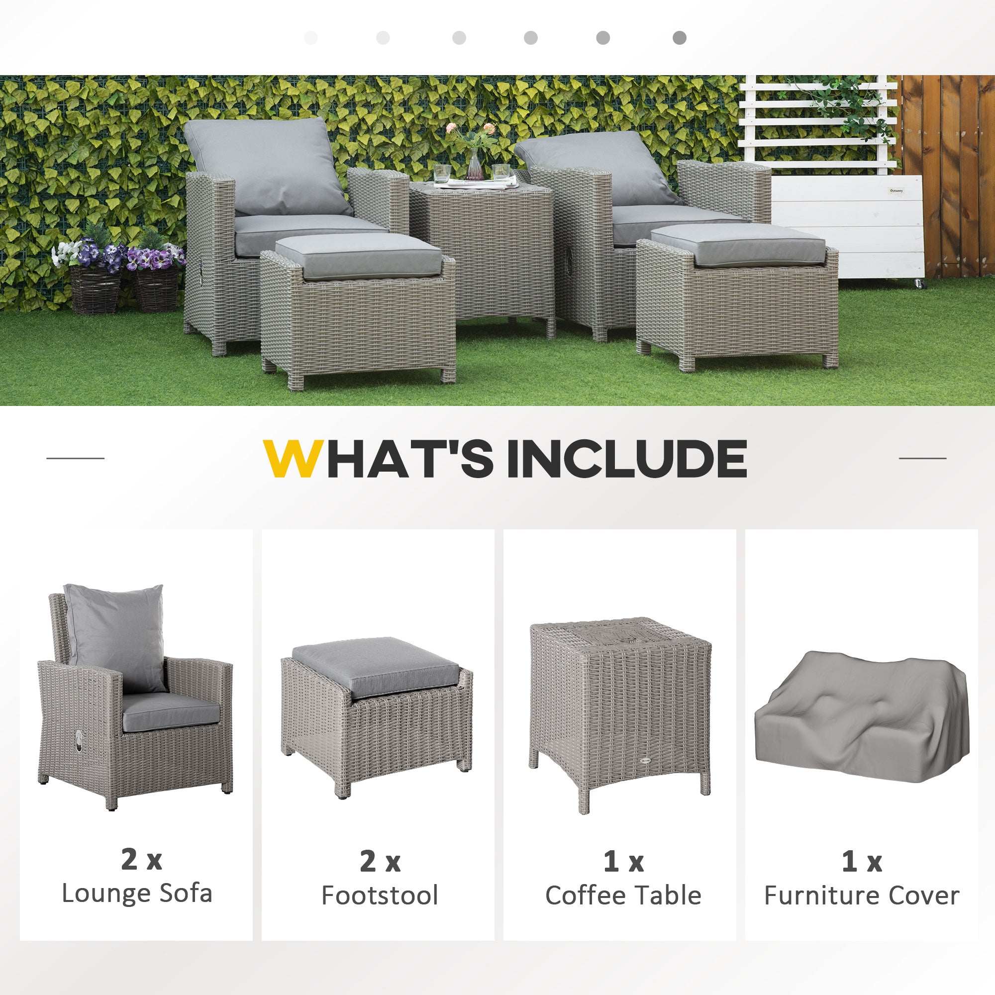 Outsunny 5 Pieces Outdoor PE Rattan Garden Furniture with Cushions, Patio Lounge Adjustable Backrest Chairs, Footstools and Cooler Bar Coffee Table & Cover, Grey - North Peak Garden Furniture