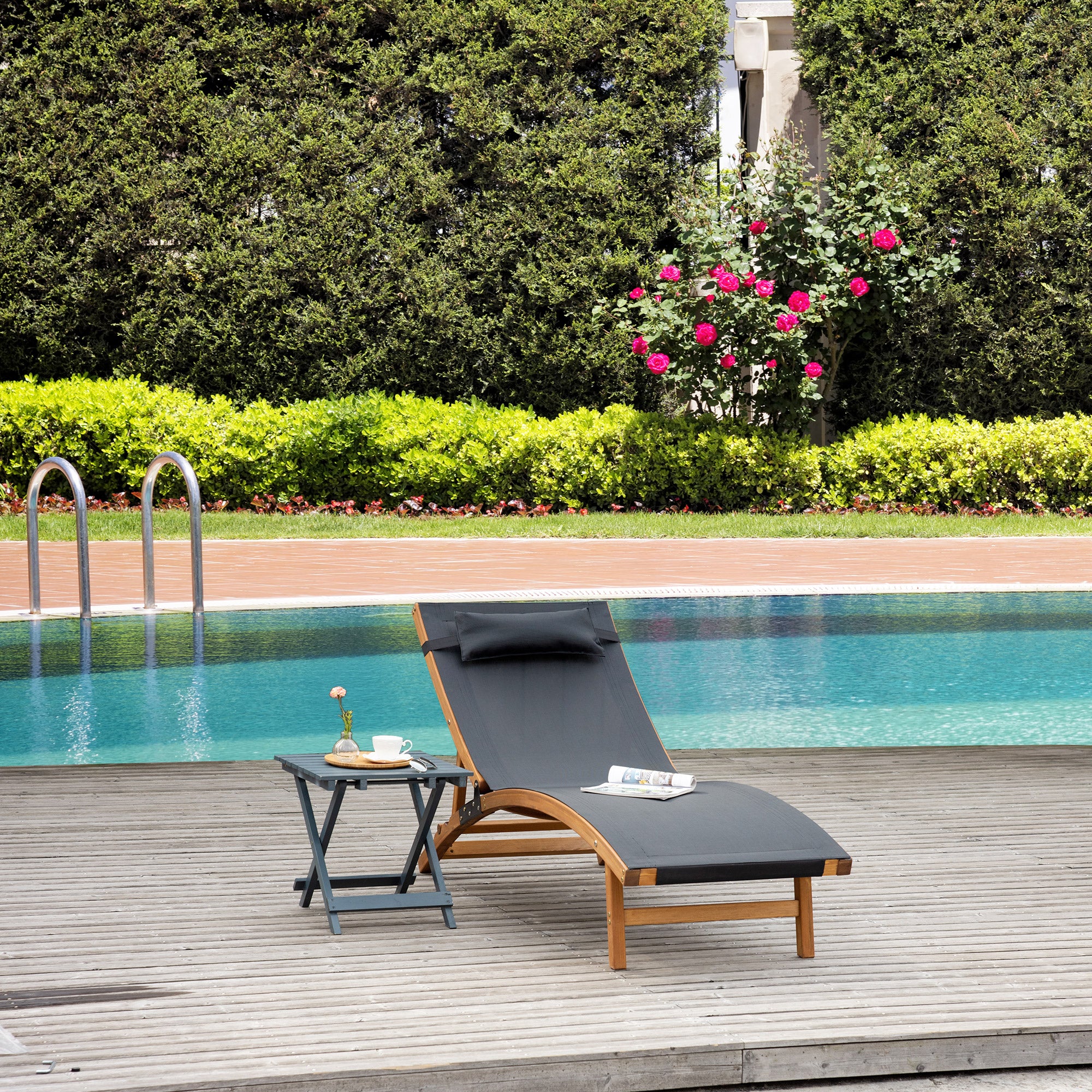 Outsunny Ergonomic Patio Lounge Chair Wooden Outdoor Chaise w/ 3 Adjustable Back and Removable Headrest Pillow for Garden Black - North Peak Garden Furniture