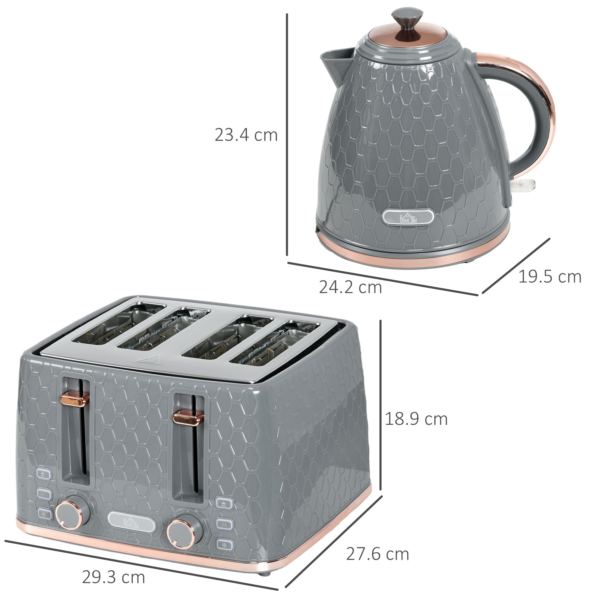 HOMCOM 1.7L 3000W Fast Boil Kettle & 4 Slice Toaster Set, Kettle and Toaster Set with 7 Browning Controls, Crumb Tray, Grey - North Peak Garden Furniture