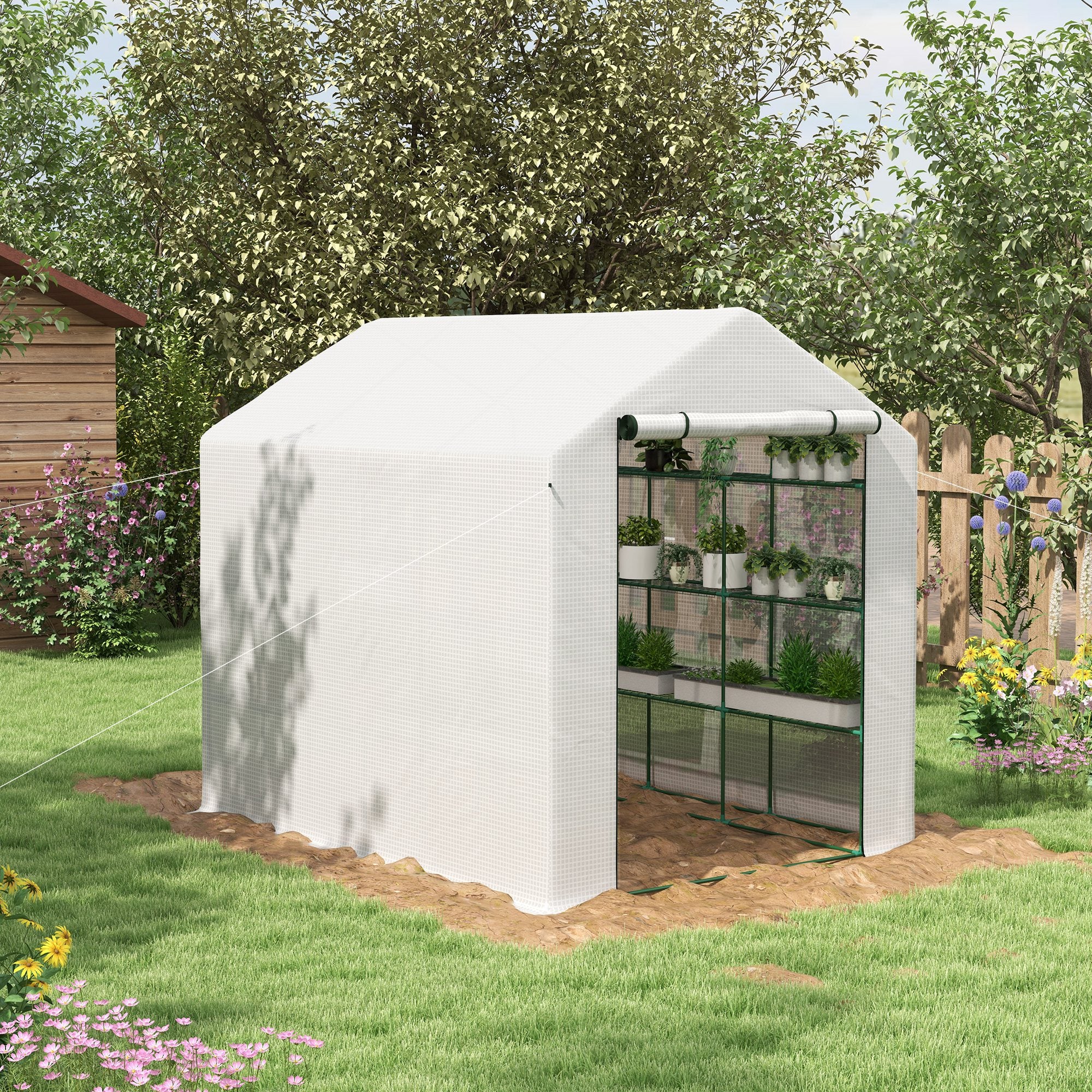 Outsunny Walk-in Greenhouse with 4 Tier 24 Shelves, Portable Grow House with Roll-up Zipped Door, 244 x 180 x 210 cm, White