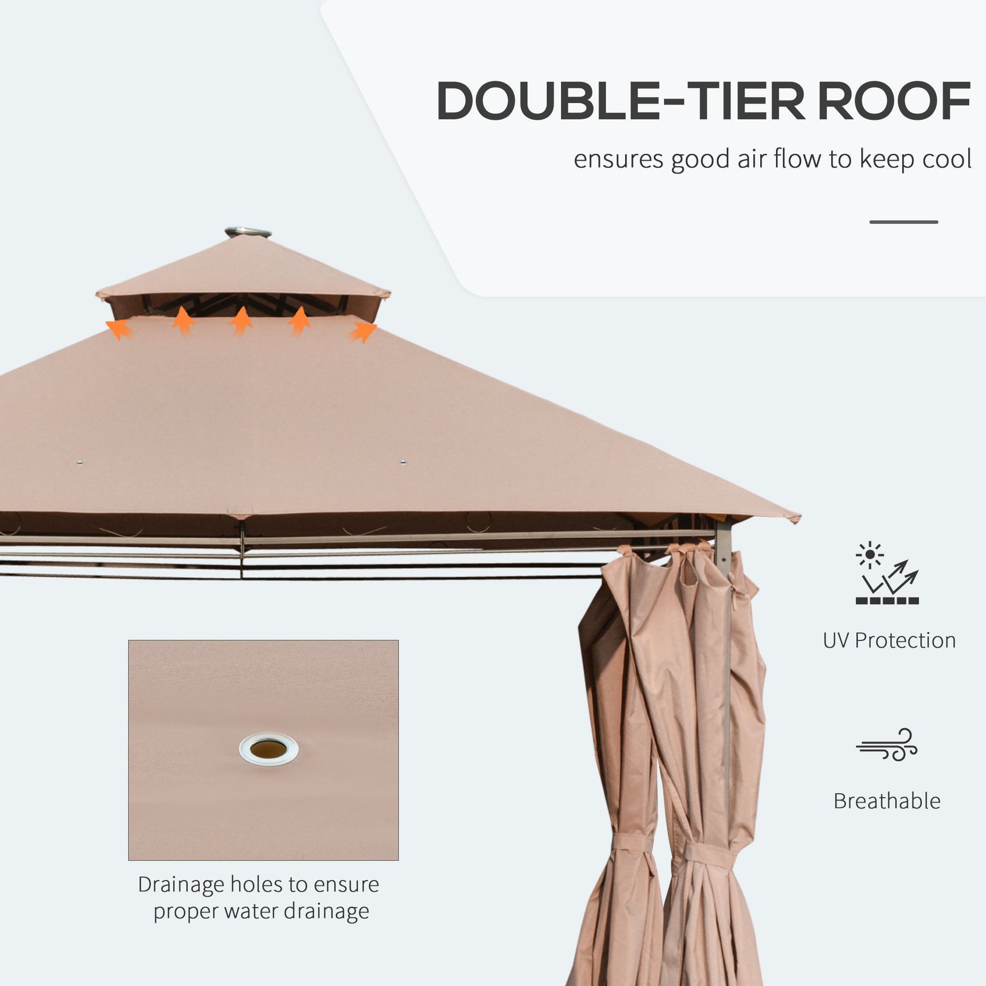 Outsunny 4 x 3(m) Outdoor Gazebo Canopy Party Tent Garden Pavilion Patio Shelter w/ LED Solar Light, Double Tier Roof, Curtains, Steel Frame, Khaki - North Peak Garden Furniture