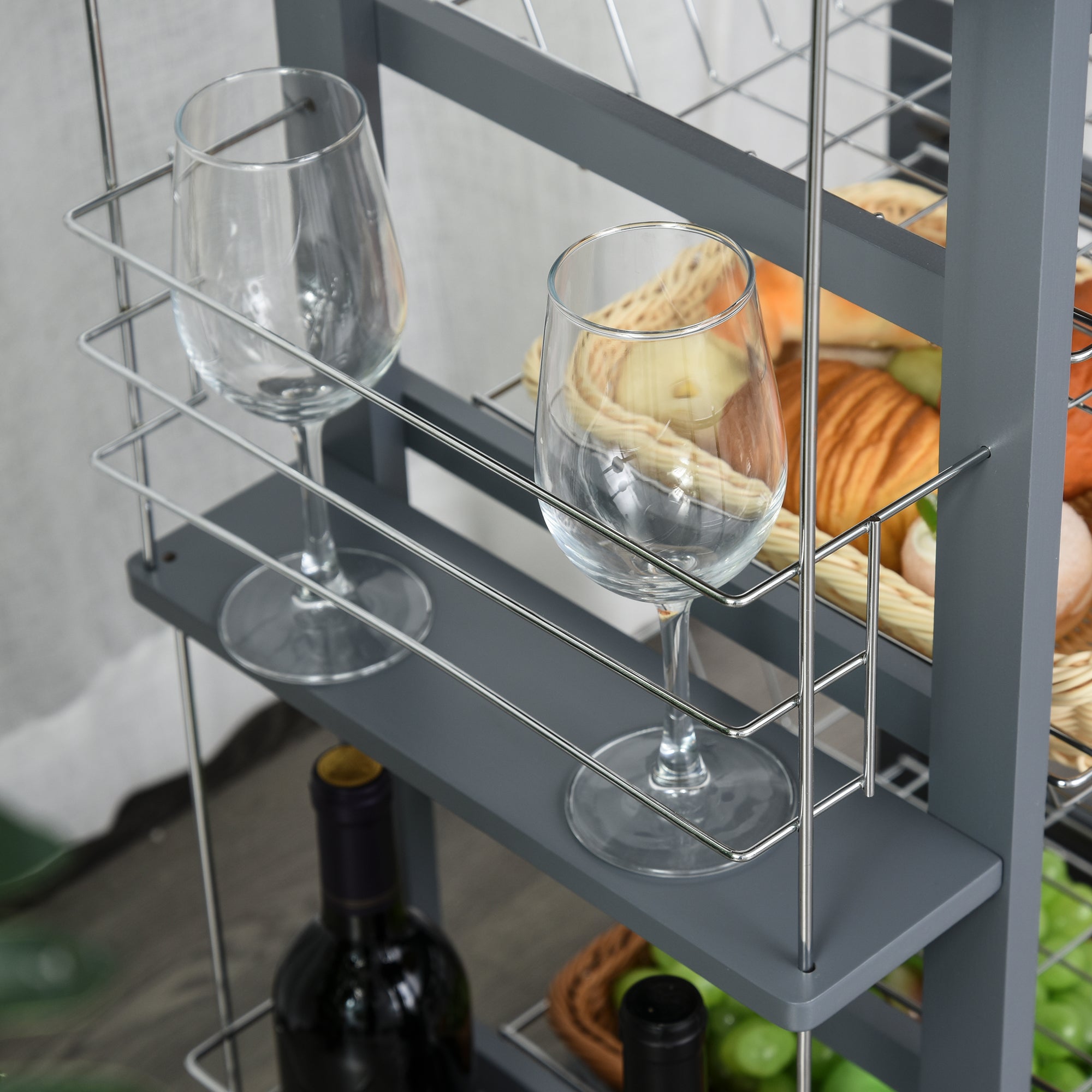 HOMCOM Rolling Kitchen Cart, Utility Storage Cart with 4 Basket Drawers & Side Racks, Wheels for Dining Room, Grey - North Peak Garden Furniture