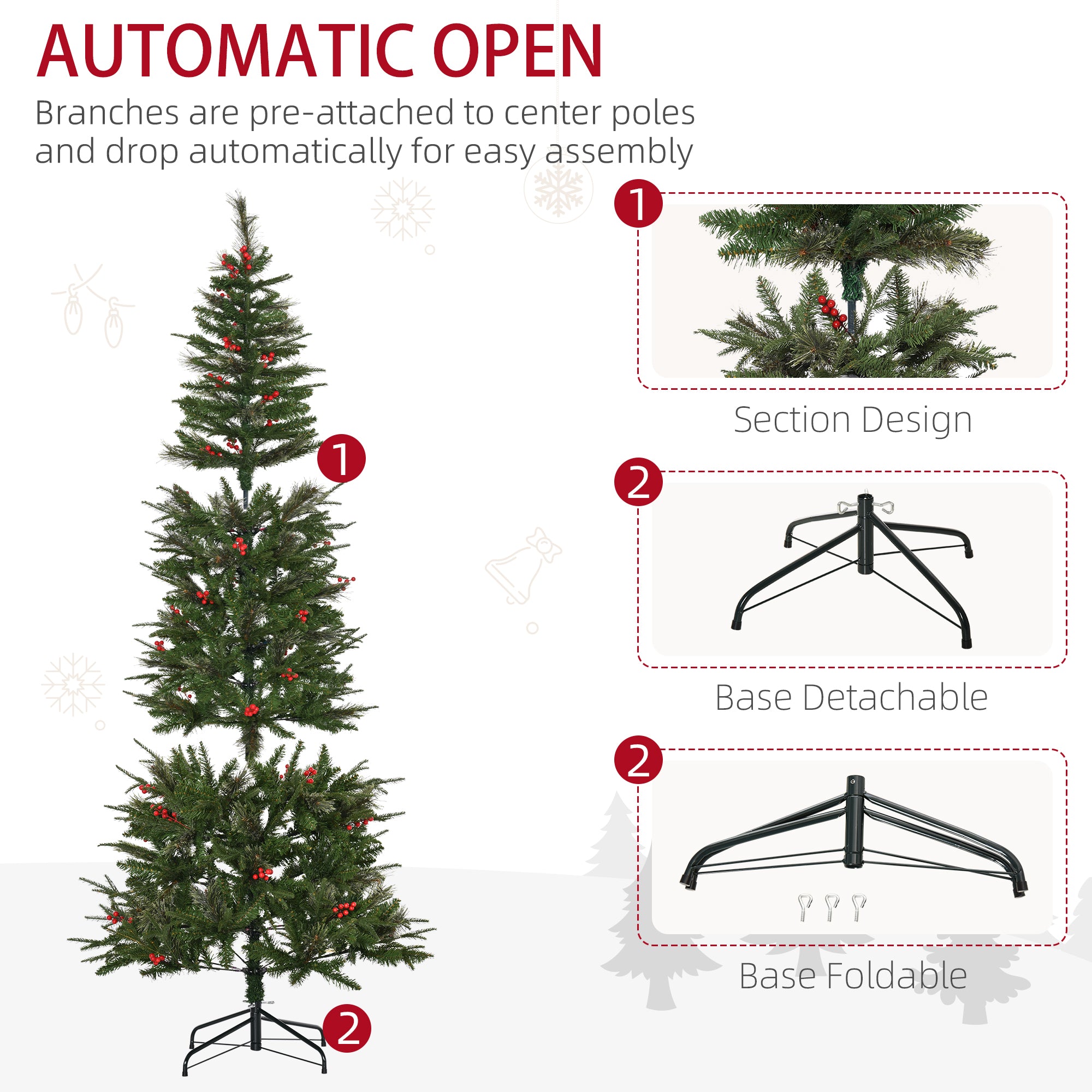 HOMCOM 7ft Pencil Artificial Christmas Tree with Realistic Branches, Red Berries, Auto Open, Green