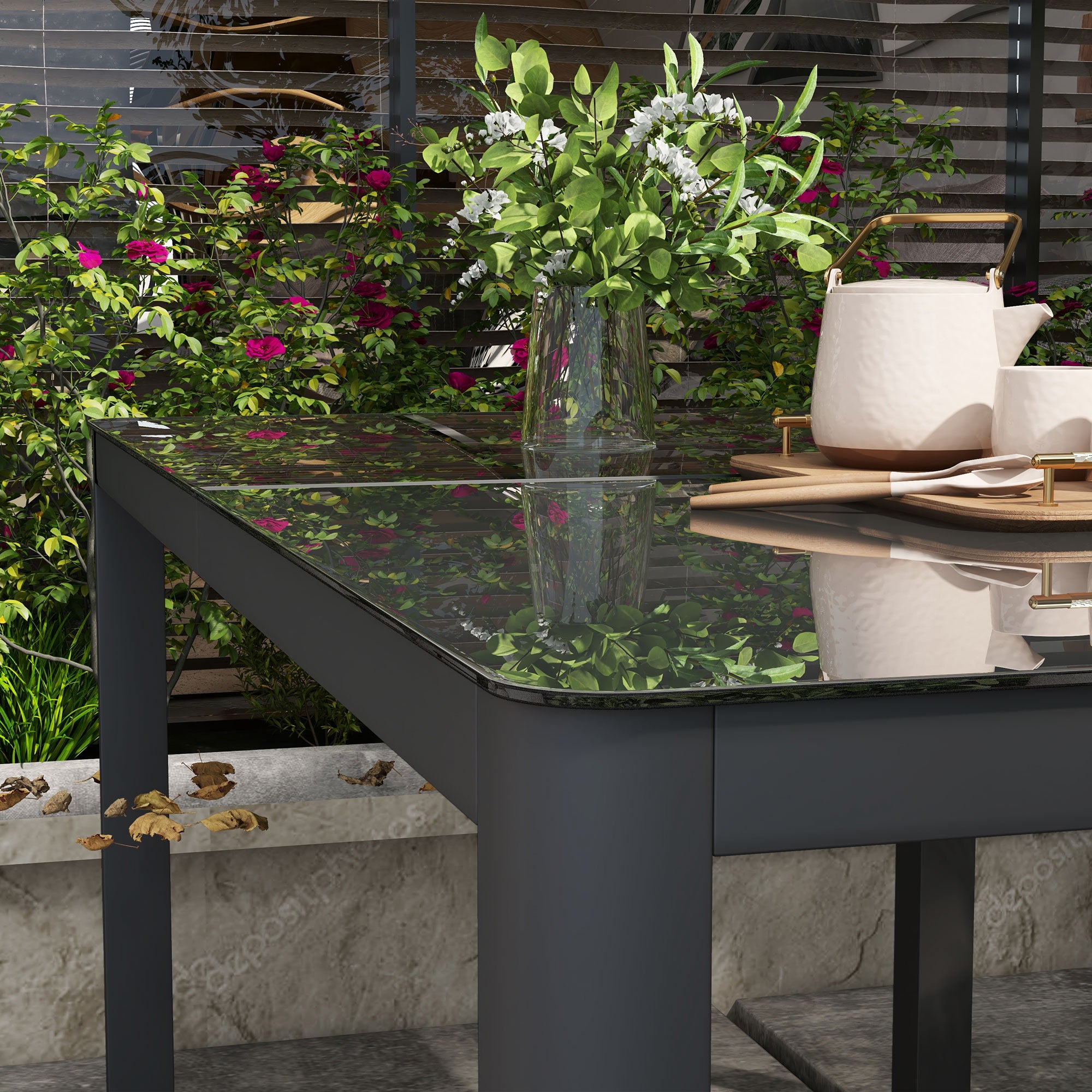 Outsunny 150cm x 88cm Aluminium Table, with Glass Tabletop - Grey - North Peak Garden Furniture