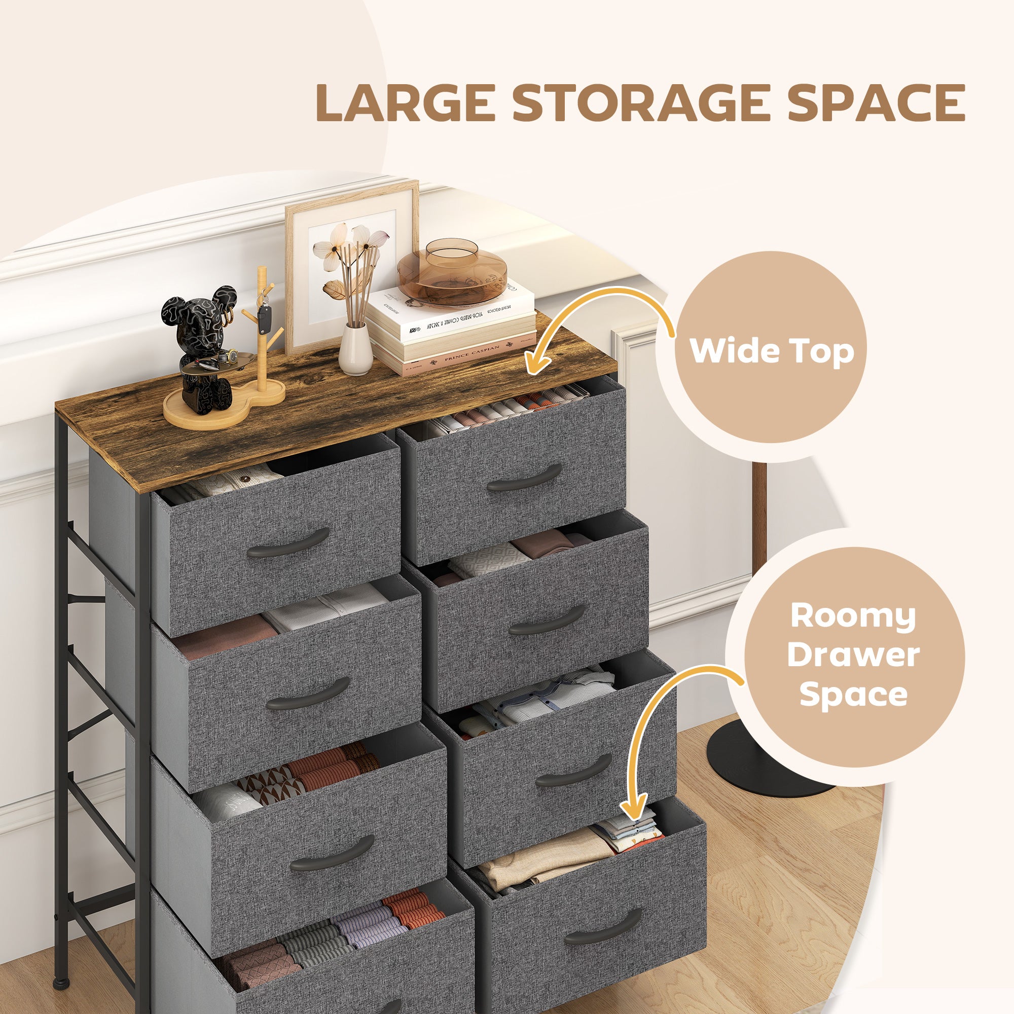 HOMCOM Fabric Chest of Drawers, Industrial Bedroom Dresser with 8 Fabric Drawers, Steel Frame and Wooden Top for Nursery, Living Room, Hallway, Rustic Brown and Grey
