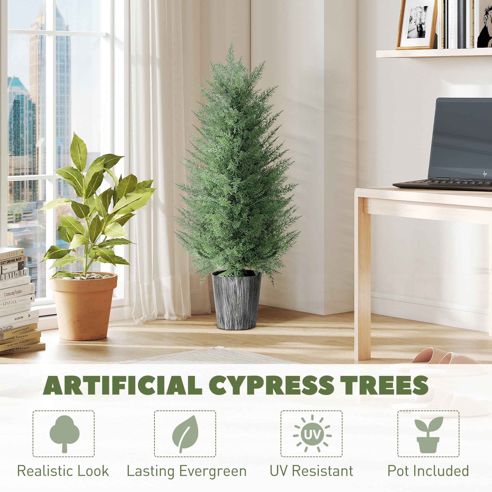 HOMCOM 90cm Artificial Cypress Trees Set of 2, UV Resistant Artificial Plants with Decorative Pot, Fake Plants for Indoor Outdoor Decor, Green
