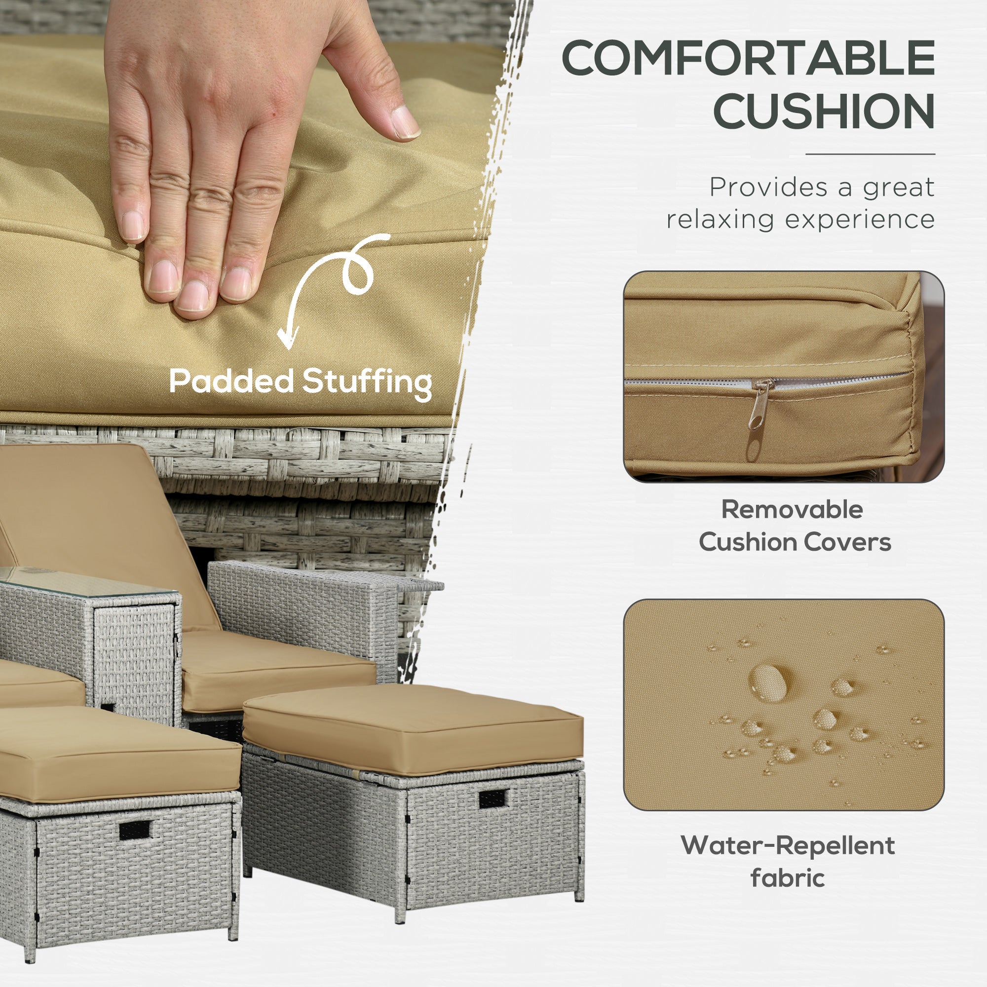 Outsunny 5PC PE Rattan Sun Lounger, Outdoor Wicker 5-level Adjustable Recliner Sofa Bed with Storage Side Table and Footstools, for Patio, Garden, Poolside, Beige - North Peak Garden Furniture