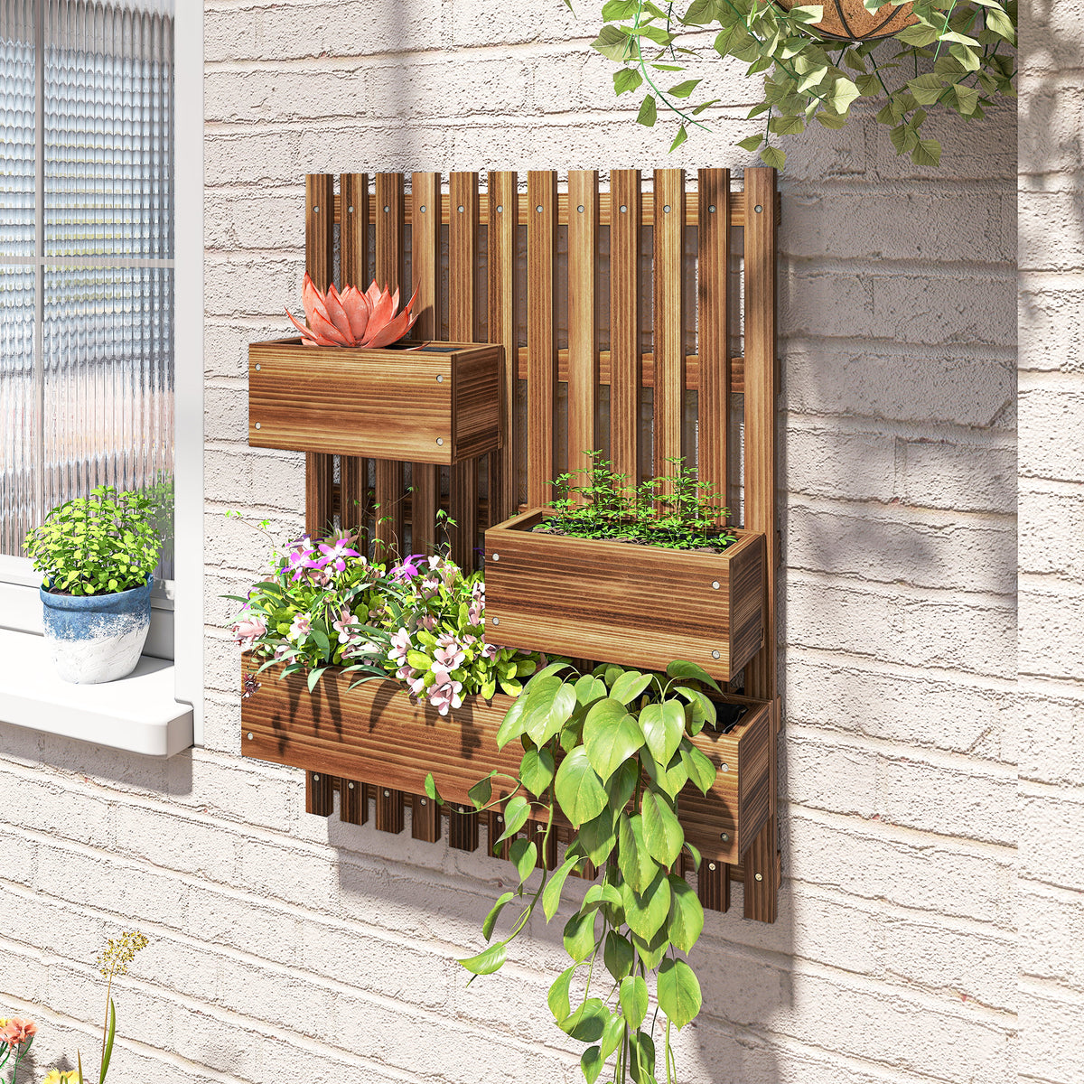 Outsunny Wall-mounted Wooden Garden Planters with Trellis, Drainage Holes and 3 Planter Boxes for Patio, Carbonised