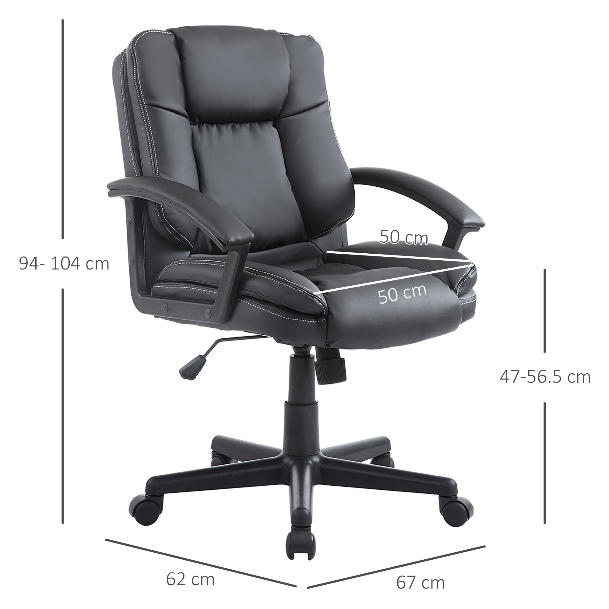 HOMCOM Office Chair, Faux Leather Computer Desk Chair, Mid Back Executive Chair with Adjustable Height and Swivel Rolling Wheels for Home Study, Black