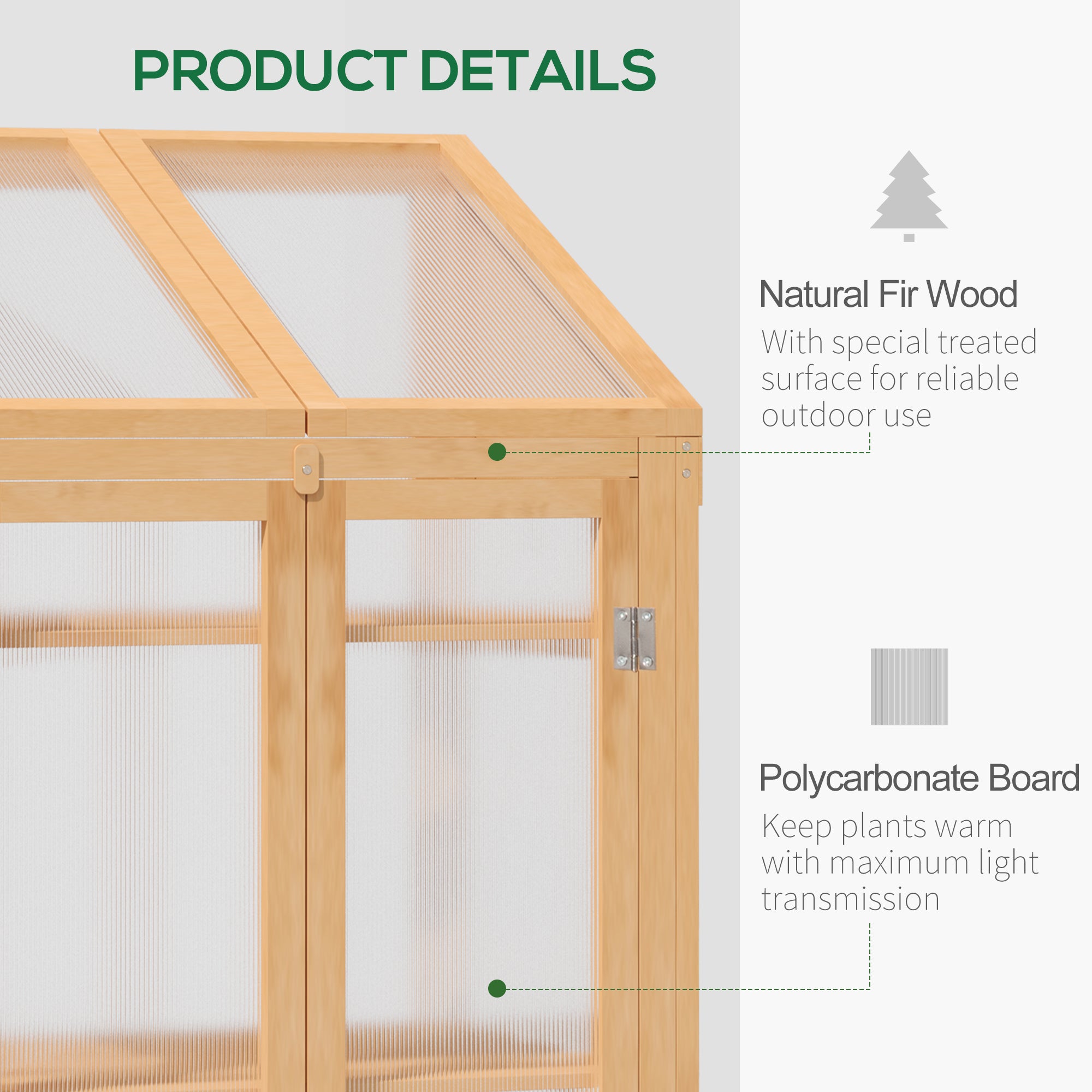 Outsunny Wooden Cold Frame Polycarbonate Greenhouse with Openable Top Cover and Double Door, Grow House for Flower, Vegetable and Plants, 70 x 50 x 120cm, Grey