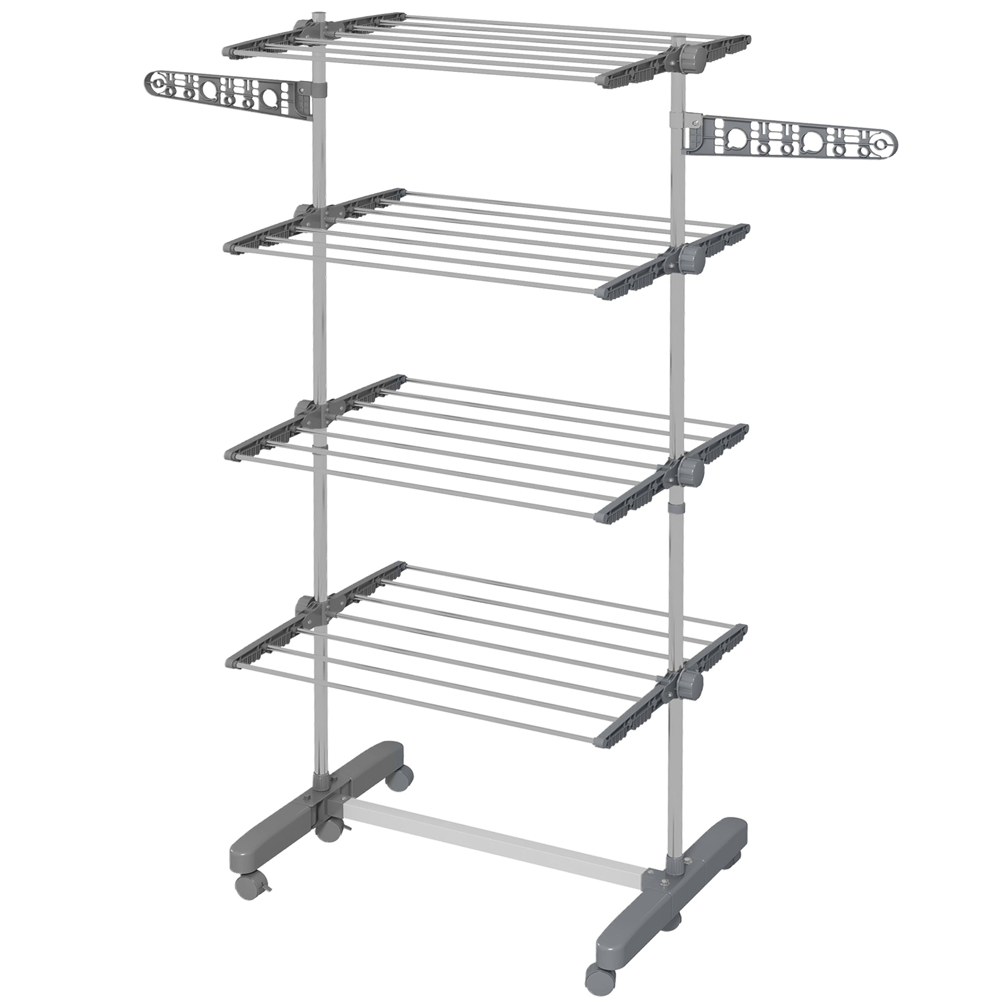 HOMCOM Four-Shelf Collapsing Clothes Horse, With Side Arms and Wheels - Grey - North Peak Garden Furniture