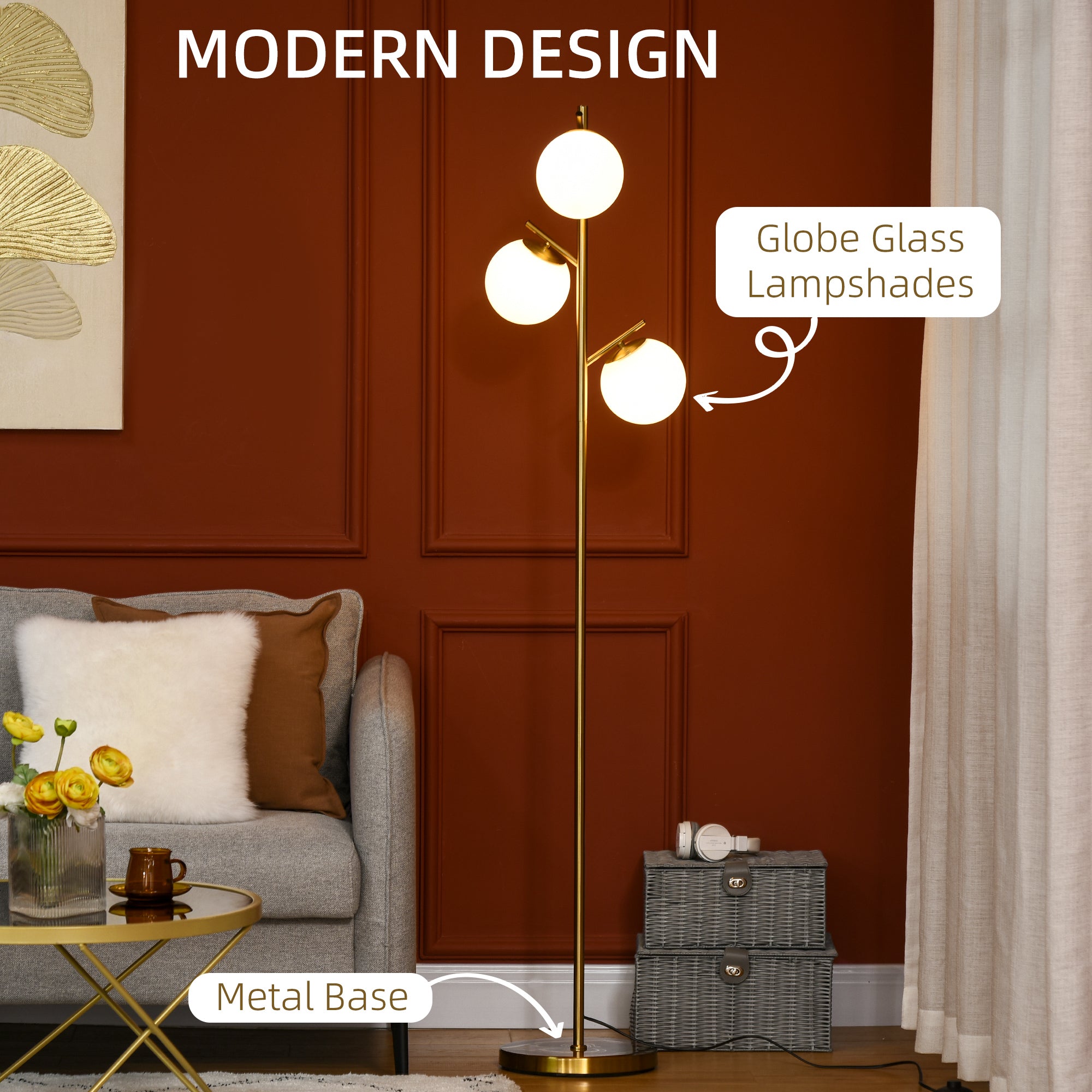 HOMCOM 3-Light Tree Floor Lamps for Living Room, Modern Standing Lamp for Bedroom with Globe Lampshade, Steel Base, Bulb not Included, Gold Tone - North Peak Garden Furniture