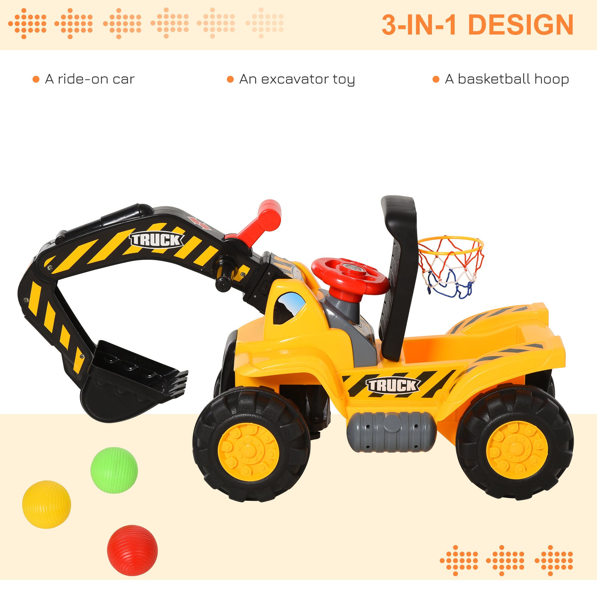 HOMCOM Kids Ride On Excavator Digger w/ Storage Basketball Net Steering NO POWER Wheel Vehicle Truck Toy - North Peak Garden Furniture