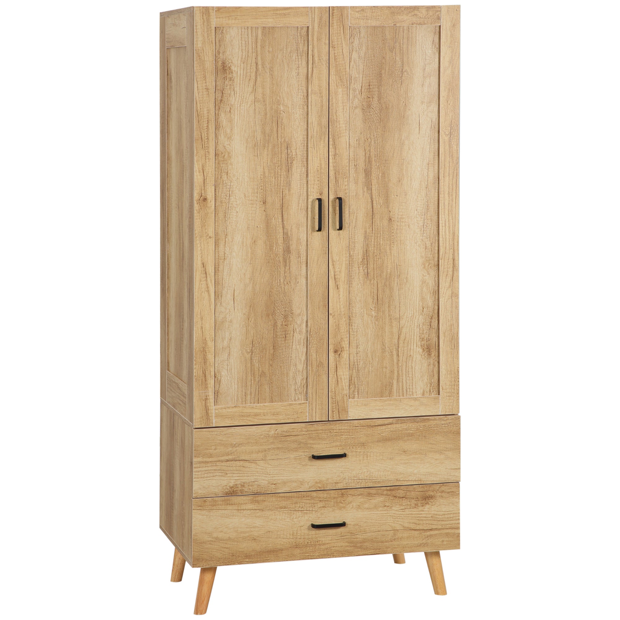 HOMCOM 2 Door Wardrobe, Modern Wardrobe with 2 Drawer and Hanging Rail for Bedroom, Natural - North Peak Garden Furniture