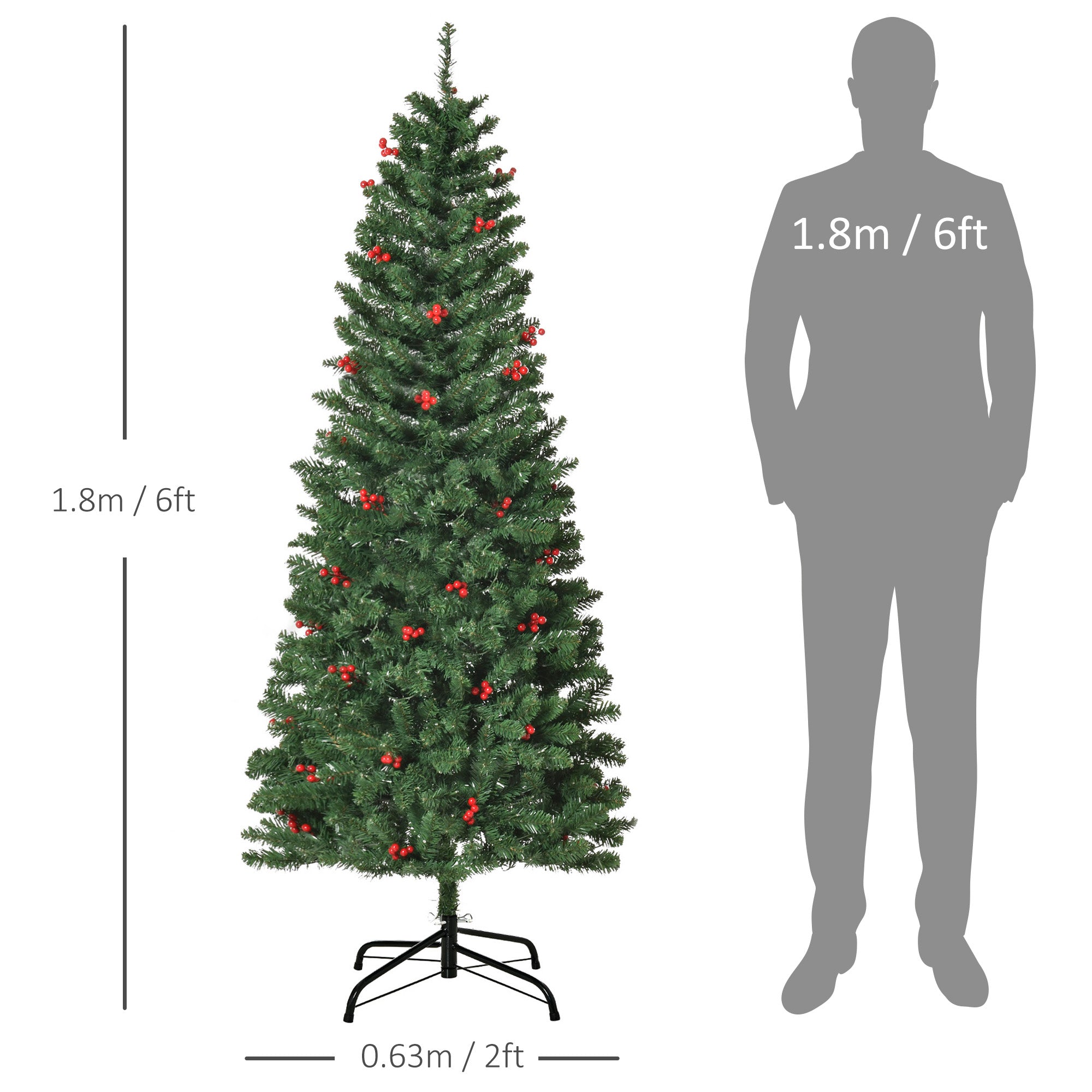 HOMCOM 6FT Prelit Artificial Pencil Christmas Tree with Warm White LED Light, Red Berry, Holiday Home Xmas Decoration, Green - North Peak Garden Furniture