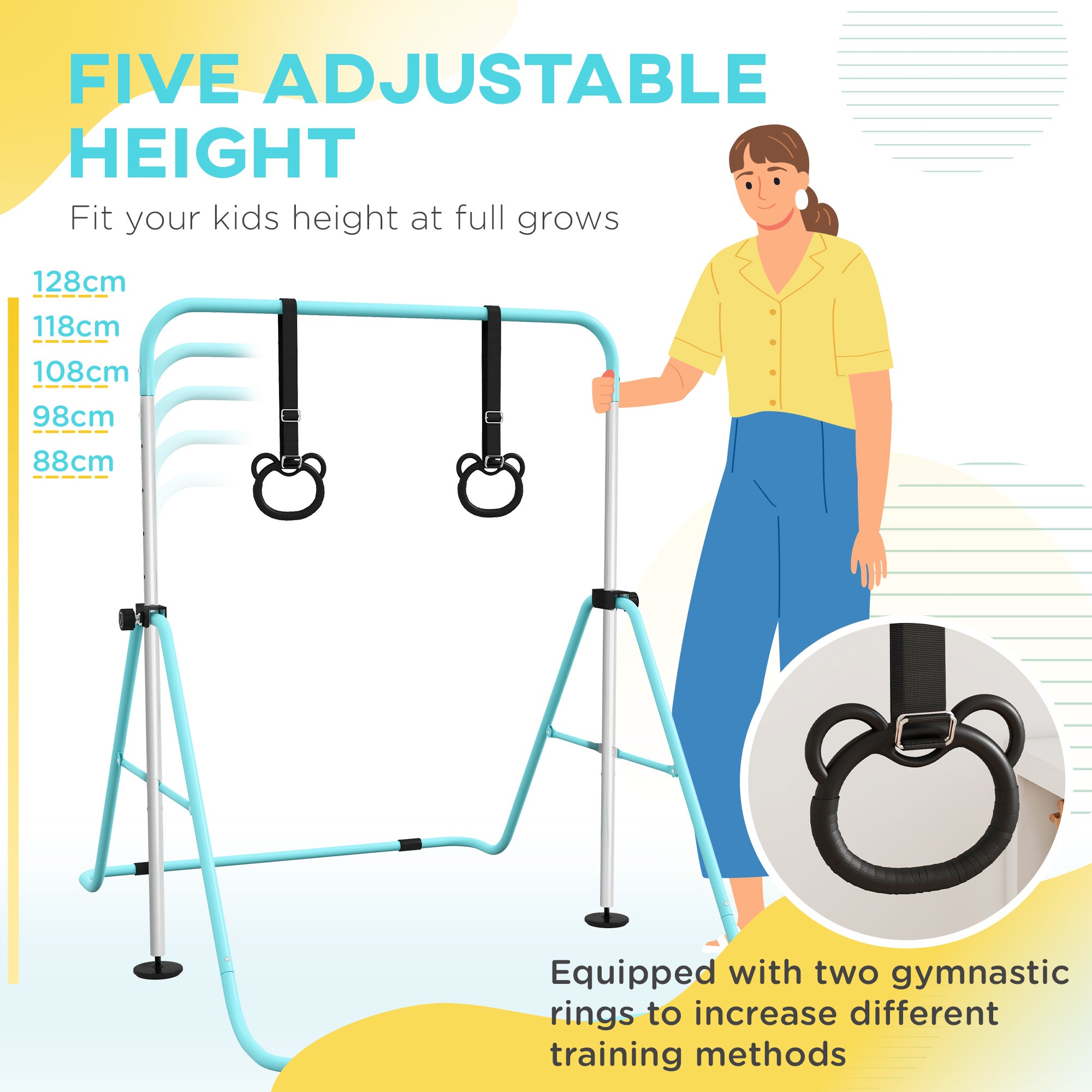 HOMCOM Adjustable Height, Foldable Kids Gymnastics Bar w/ Non-Slip Mats, for 3+ Years, Green - North Peak Garden Furniture