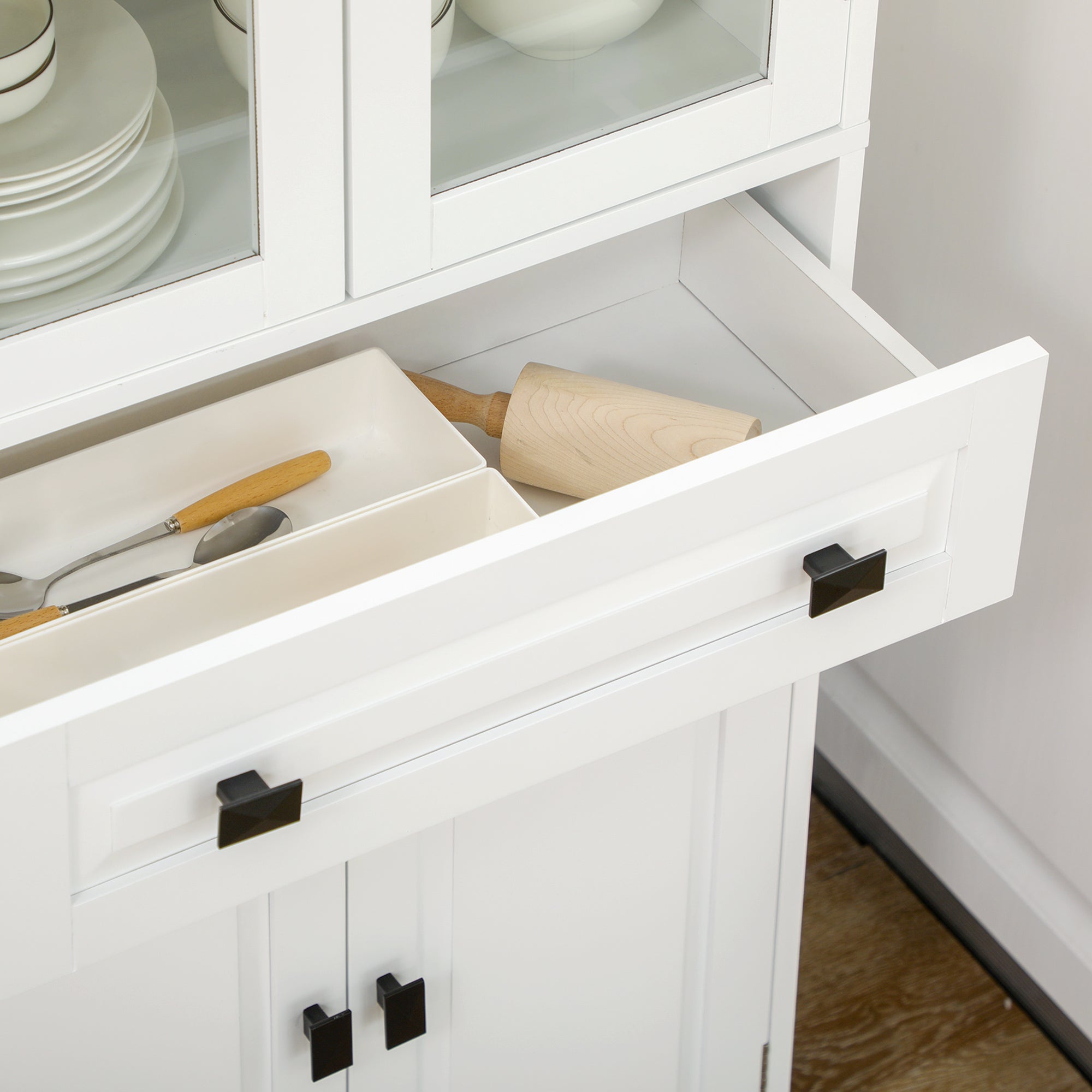 HOMCOM Kitchen Cupboard, Freestanding Storage Cabinet with 2 Adjustable Shelves, Drawer and Glass Door for Living Room, Dining Room, 160cm, White - North Peak Garden Furniture