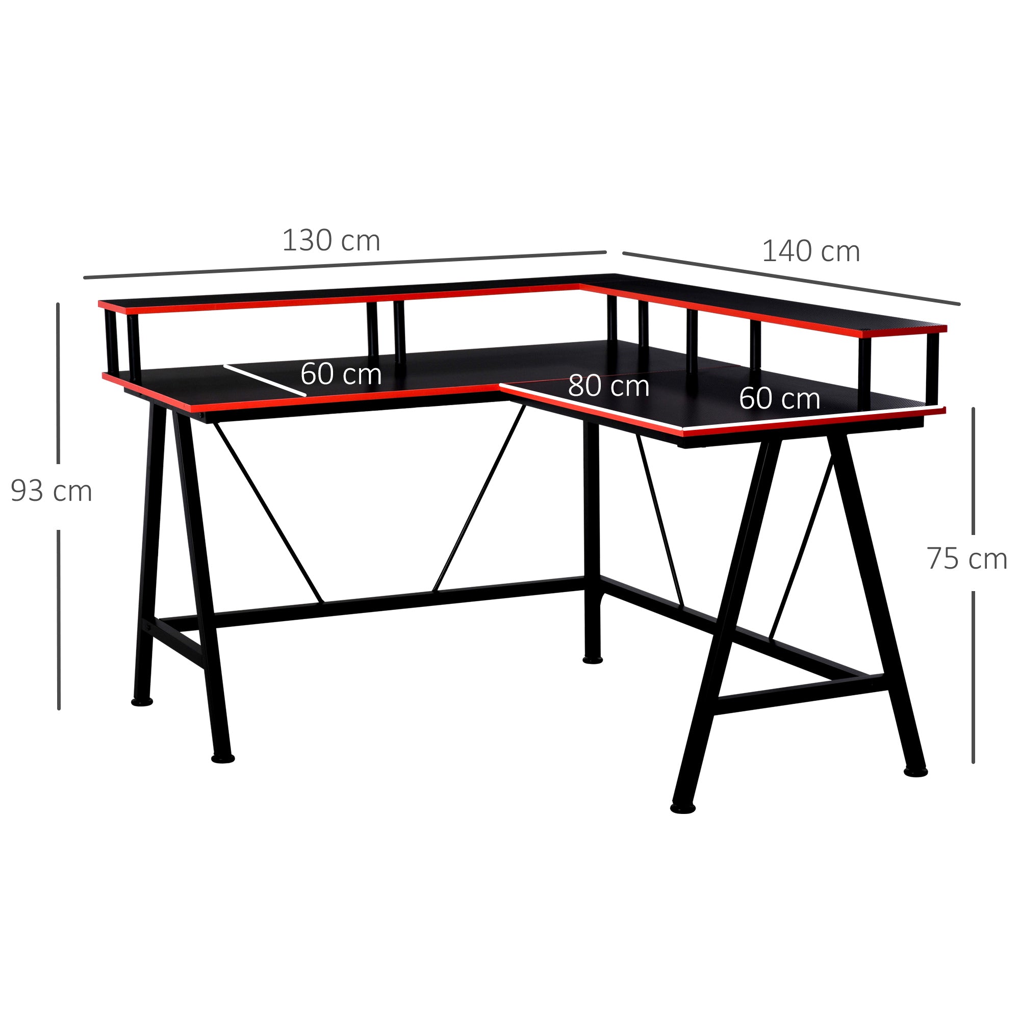 HOMCOM L Shaped Gaming Desk, Corner Computer Desk with Monitor Stand for Home Office, 140 x 130 x 93cm, Black and Red - North Peak Garden Furniture