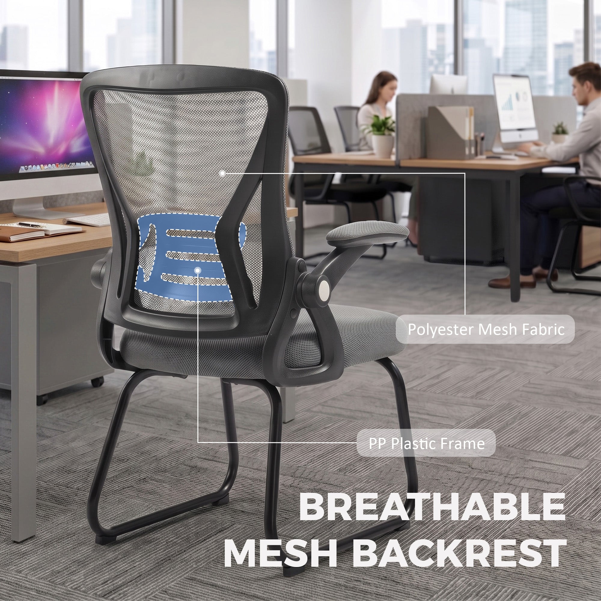 HOMCOM Office Chair, Ergonomic Desk Chair No Wheels with Mesh Backrest and Steel Legs for Home Conference Room, Dark Grey