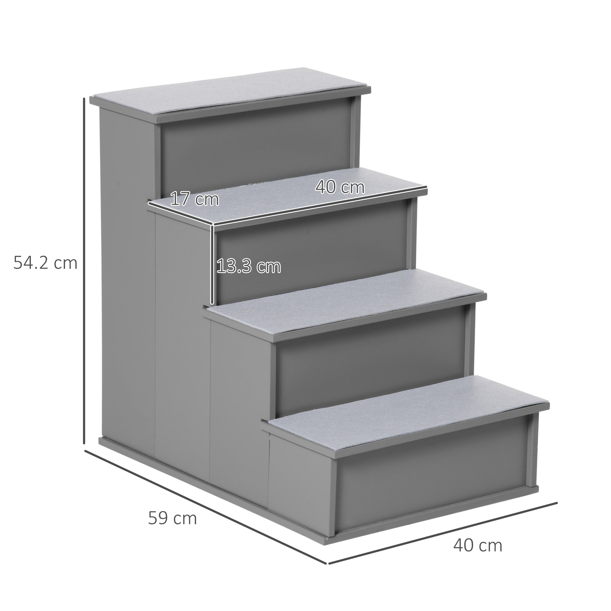 PawHut 4 Step Wooden Dog Steps Pet Stairs for Dogs, Cat Ladder for Bed Couch with Non-Slip Carpet 40 x 59 x 54.2 cm, Grey - North Peak Garden Furniture