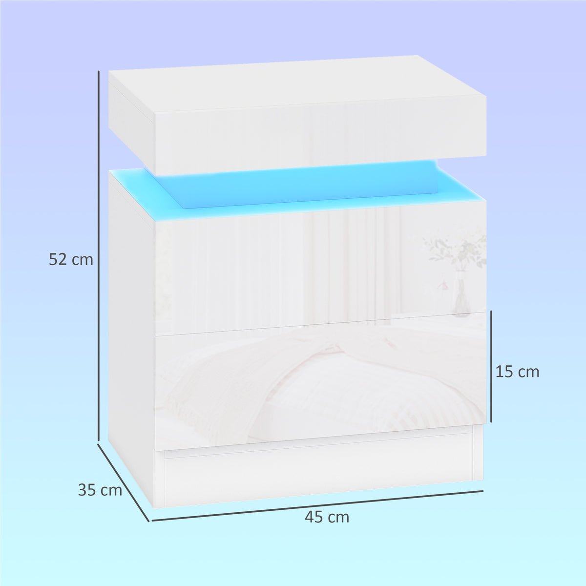 HOMCOM White Bedside Table with LED Light, High Gloss Front Nightstand with 2 Drawers, for Living Room, Bedroom, Set of 2