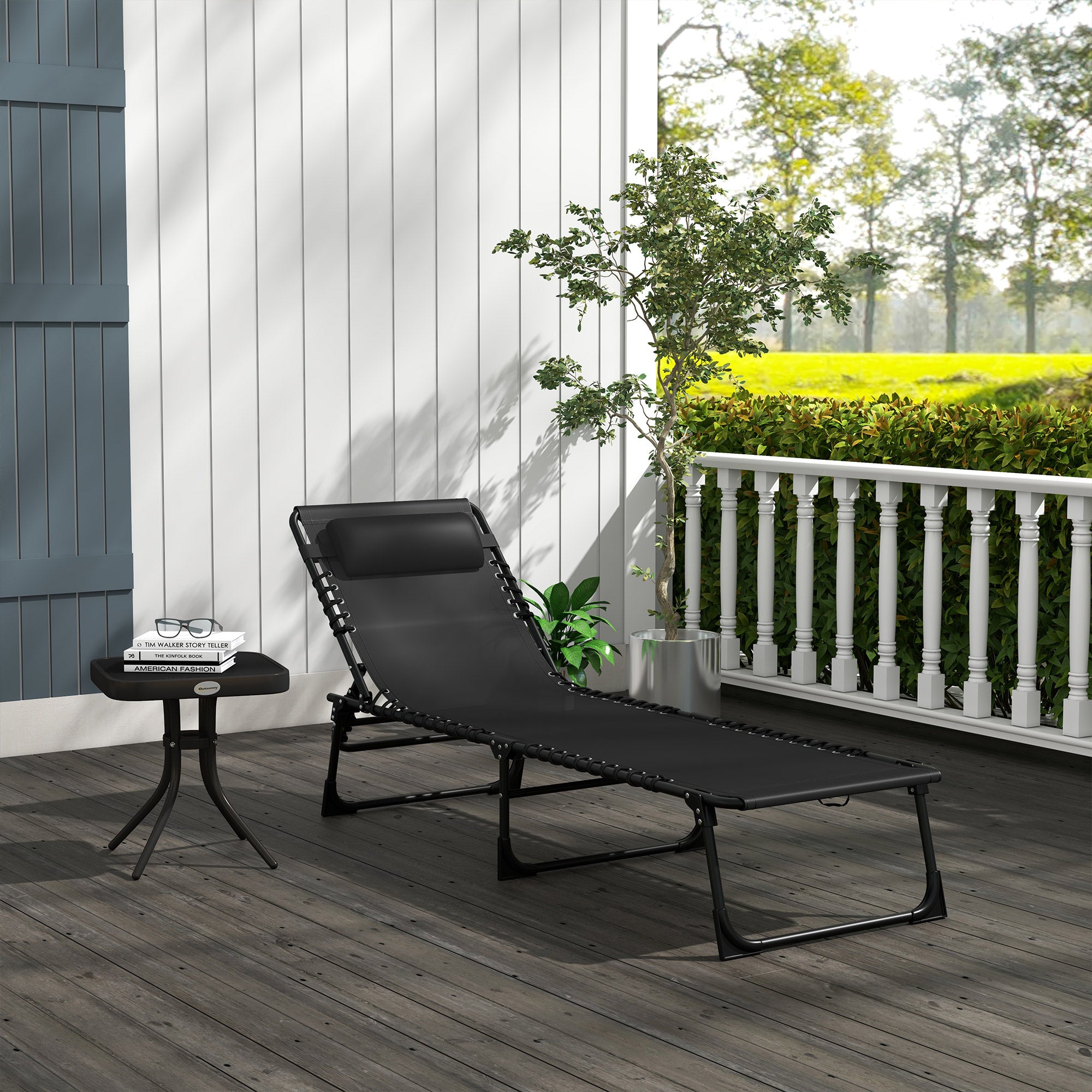 Outsunny Foldable Sun Lounger, Outdoor 4 Level Adjustable Backrest Reclining Chaise Chair, Steel Frame Recliner Chair for Camping, Hiking, Black - North Peak Garden Furniture