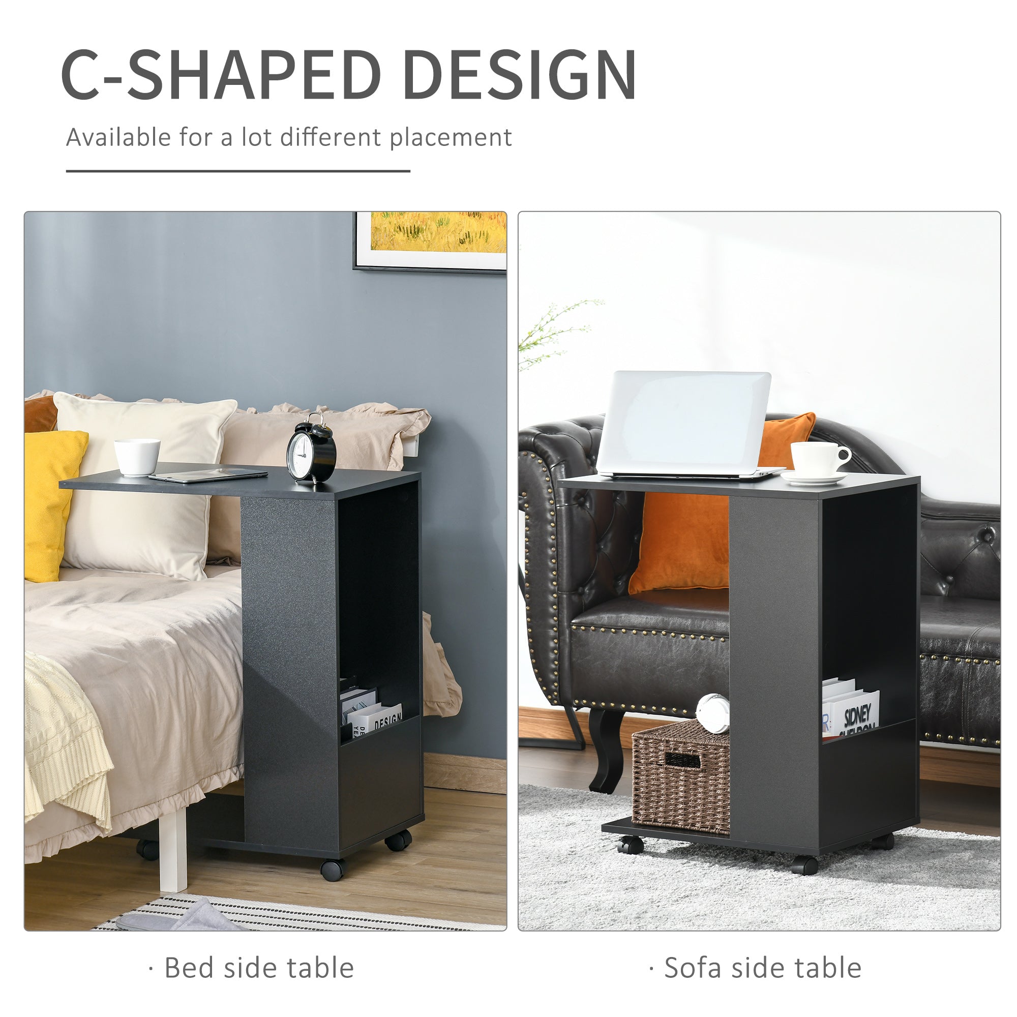 HOMCOM Mobile Sofa Side Table C-Shape End Table with Storage and Casters for Laptop Coffee Snack, Black - North Peak Garden Furniture