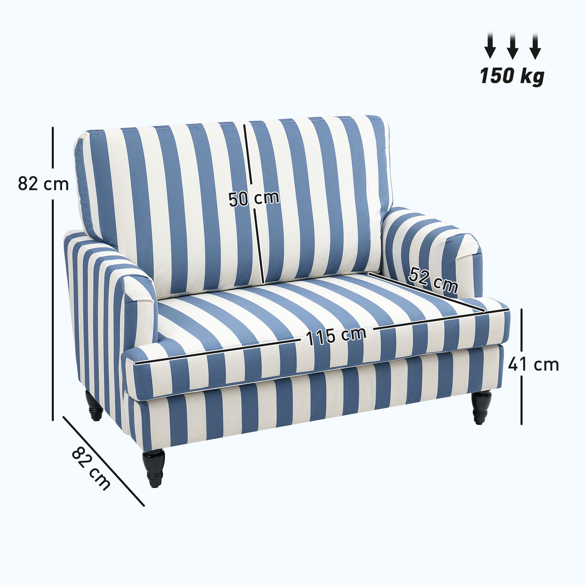 HOMCOM Modern Accent Chair, Velvet Single Sofa Armchair with Stripe, Turned Legs and Wide Seat, Upholstered Snuggle Chair for Living Room, Bedroom, Blue and White - North Peak Garden Furniture