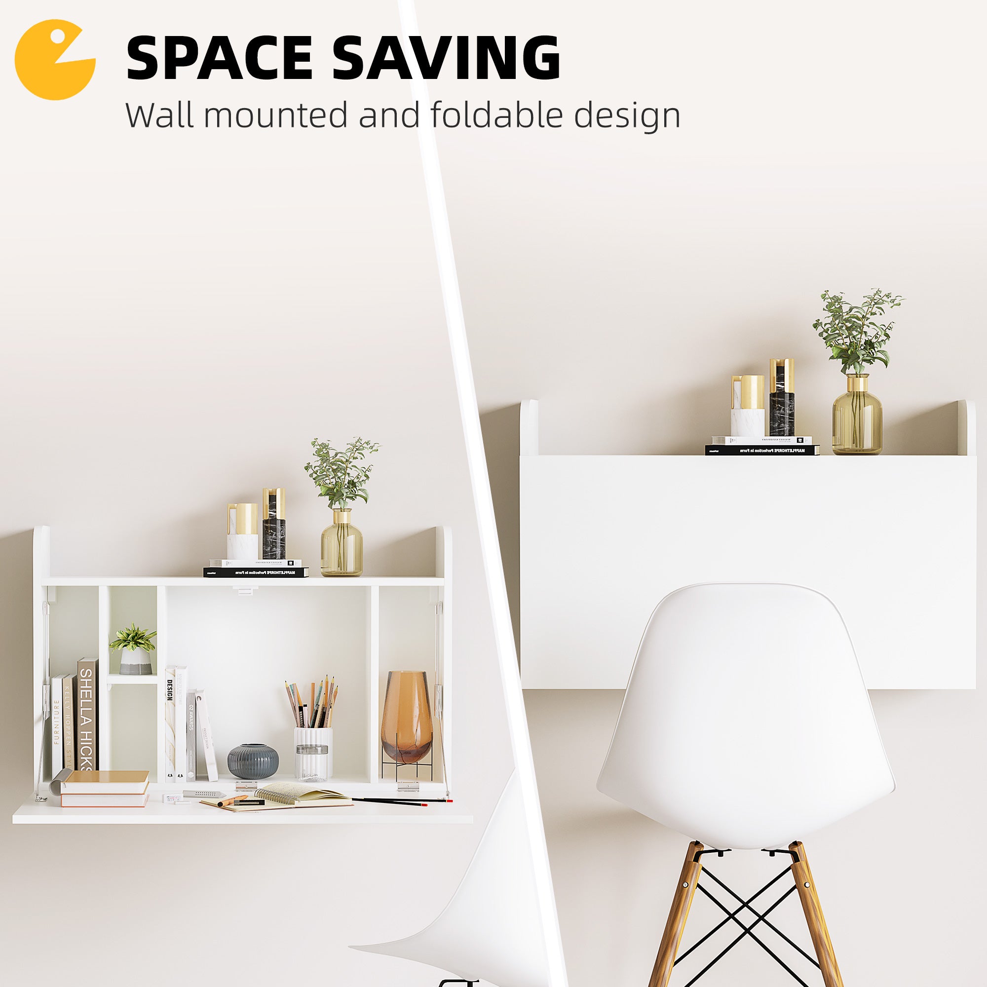 HOMCOM Wall Mounted Table, Drop Leaf Floating Laptop Desk with Space Saving Storage Compartments for Home Office and Study, 77cm x 20cm x 51cm, White - North Peak Garden Furniture