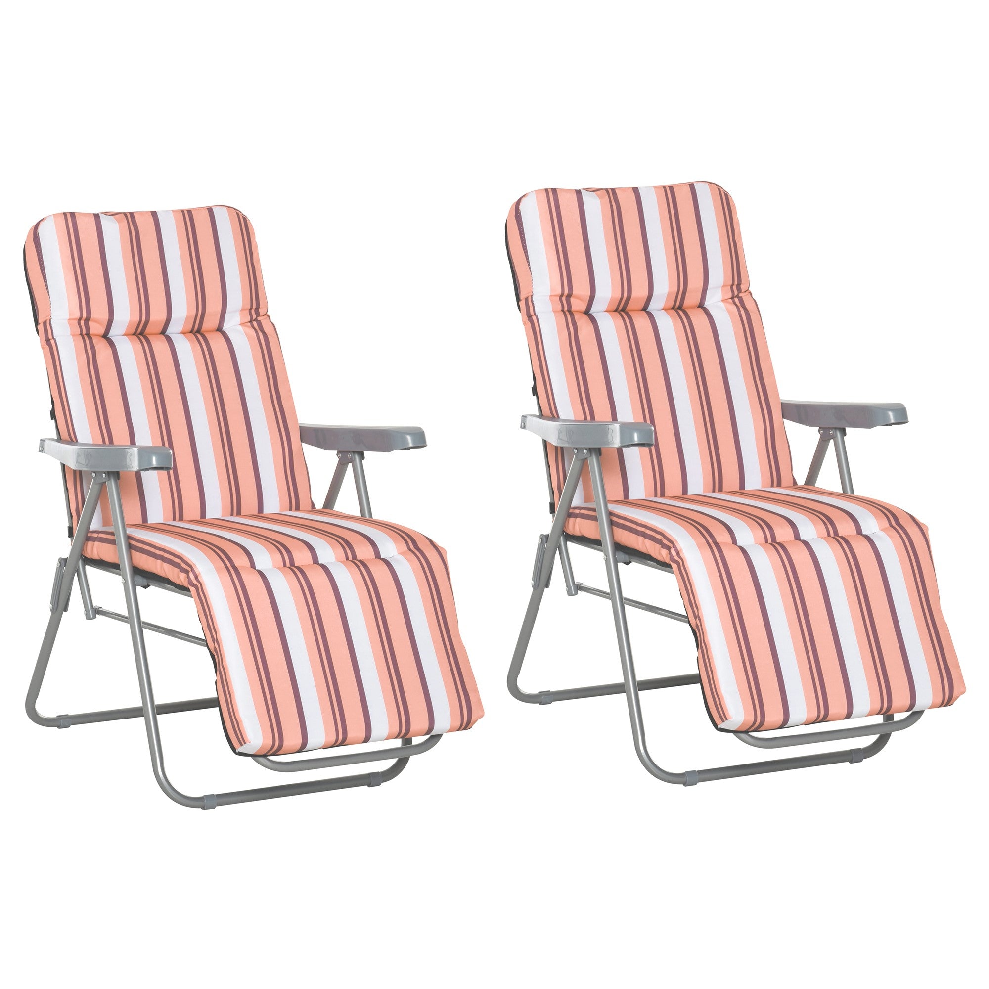 Outsunny Set of 2 Garden Sun Lounger Outdoor Reclining Seat Cushioned Seat Foldable Adjustable Recliner Orange and White - North Peak Garden Furniture